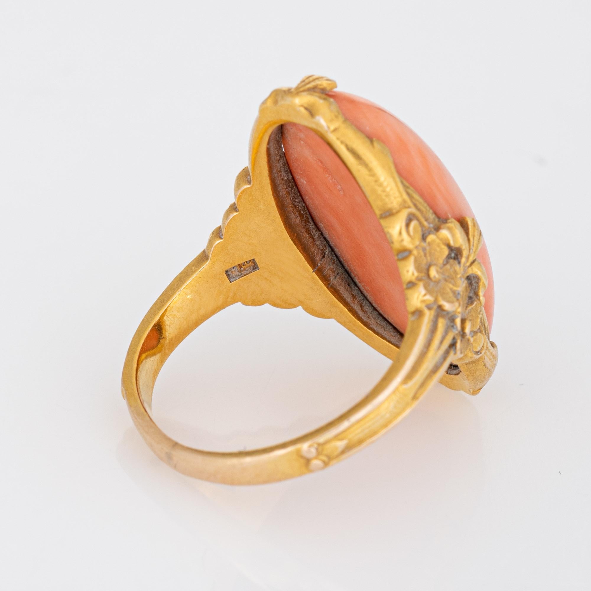 Antique Art Nouveau Coral Ring Vintage 14k Yellow Gold Oval Flowers Fine Jewelry 1