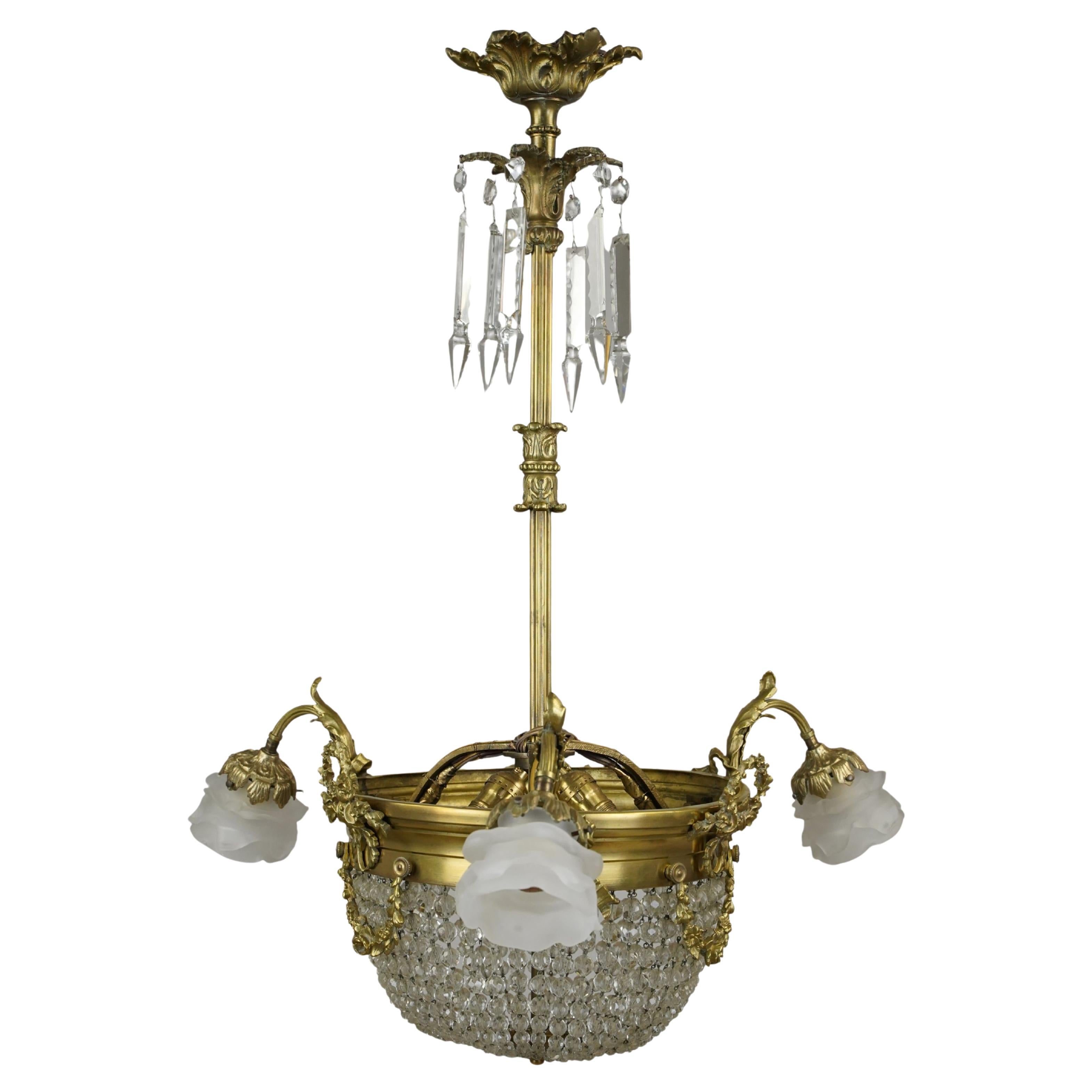 Antiker Jugendstil-Kronleuchter aus Kristall und Bronze