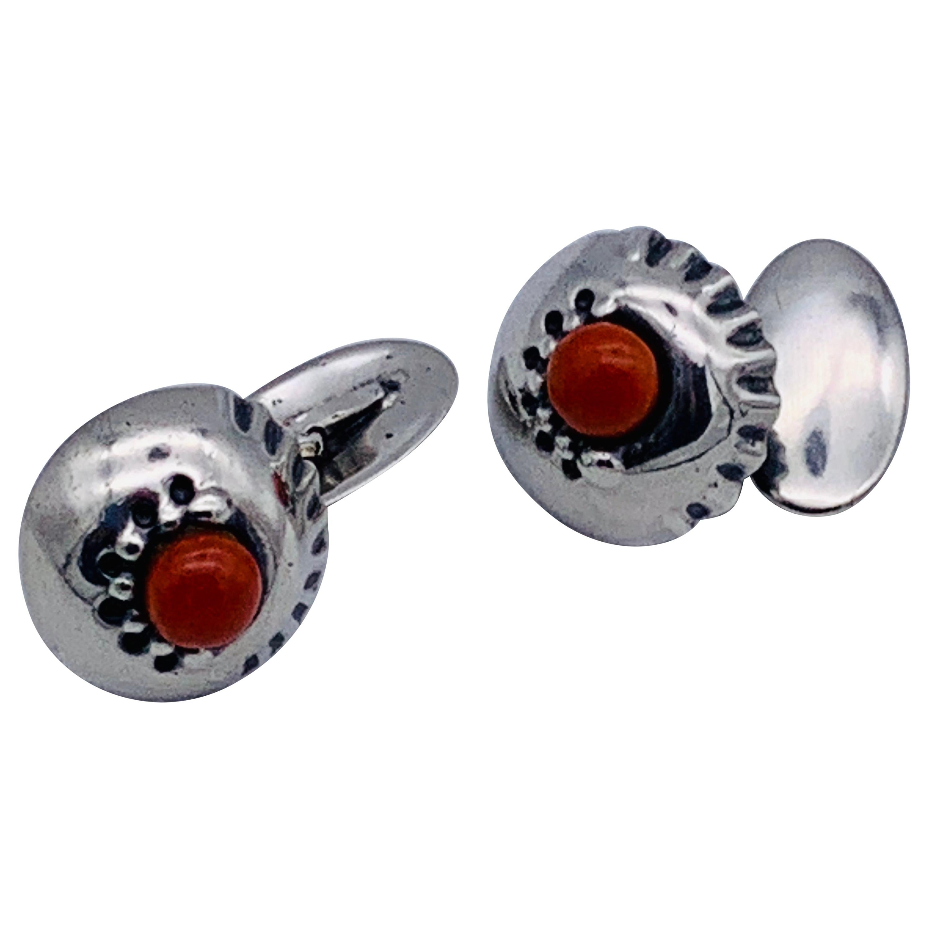 Antique Art Nouveau Cufflinks Corall Cabochon Silver