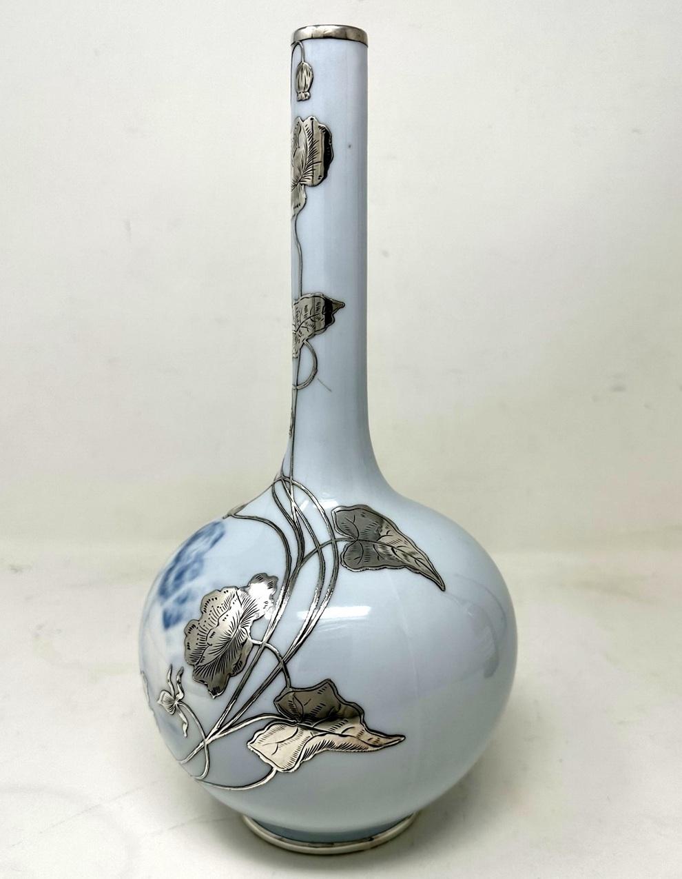 German Antique Art Nouveau Danish Royal Copenhagen Porcelan Bottle Vase Sterling Silver