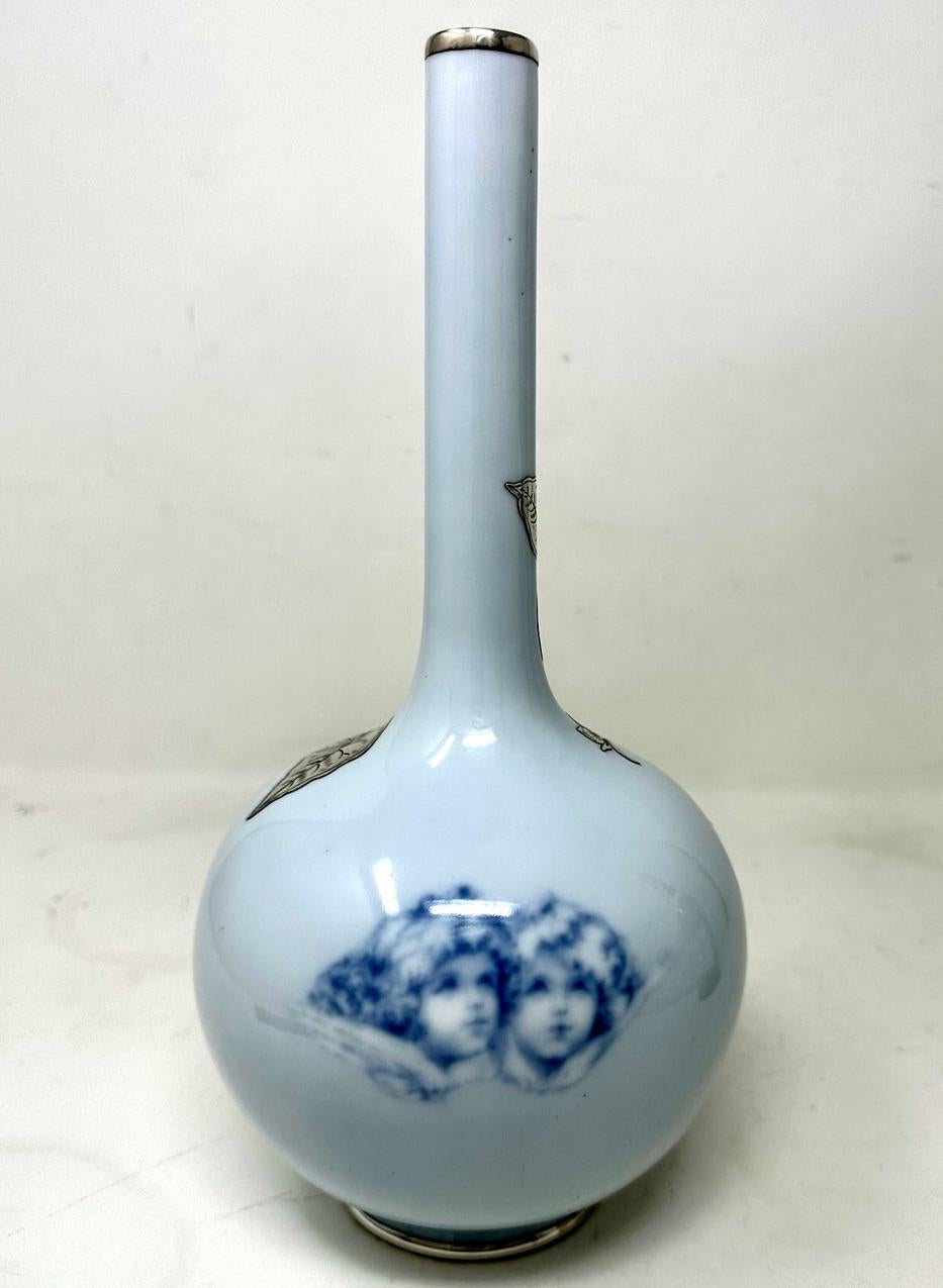 Hand-Painted Antique Art Nouveau Danish Royal Copenhagen Porcelan Bottle Vase Sterling Silver