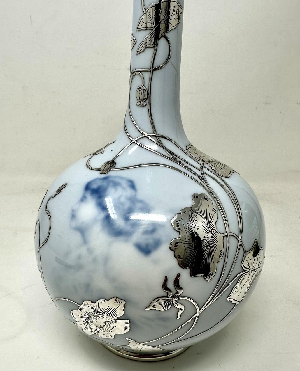 20th Century Antique Art Nouveau Danish Royal Copenhagen Porcelan Bottle Vase Sterling Silver