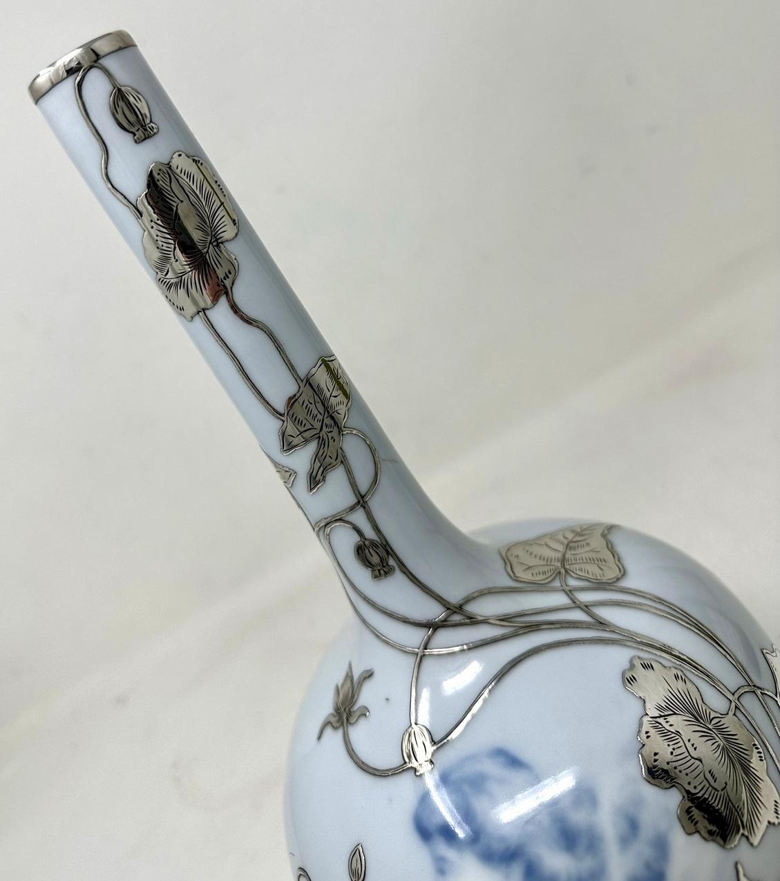 Porcelain Antique Art Nouveau Danish Royal Copenhagen Porcelan Bottle Vase Sterling Silver