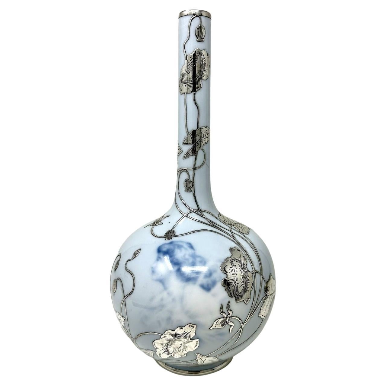 Antique Art Nouveau Danish Royal Copenhagen Porcelan Bottle Vase Sterling Silver