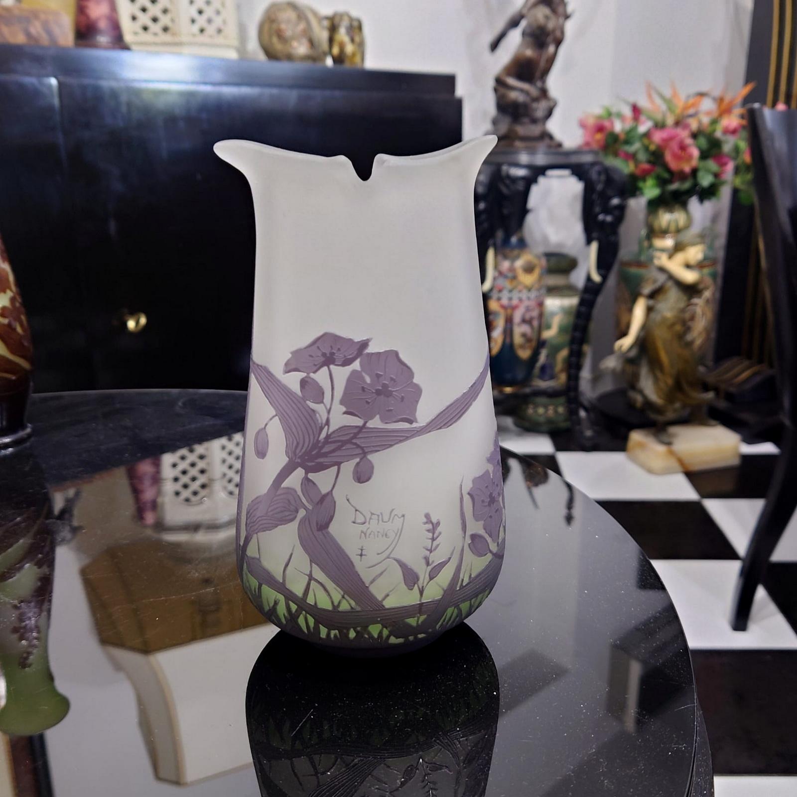 Realizzato con acquaforte Antico vaso in vetro con cammeo Daum Nancy Art Nouveau in vendita