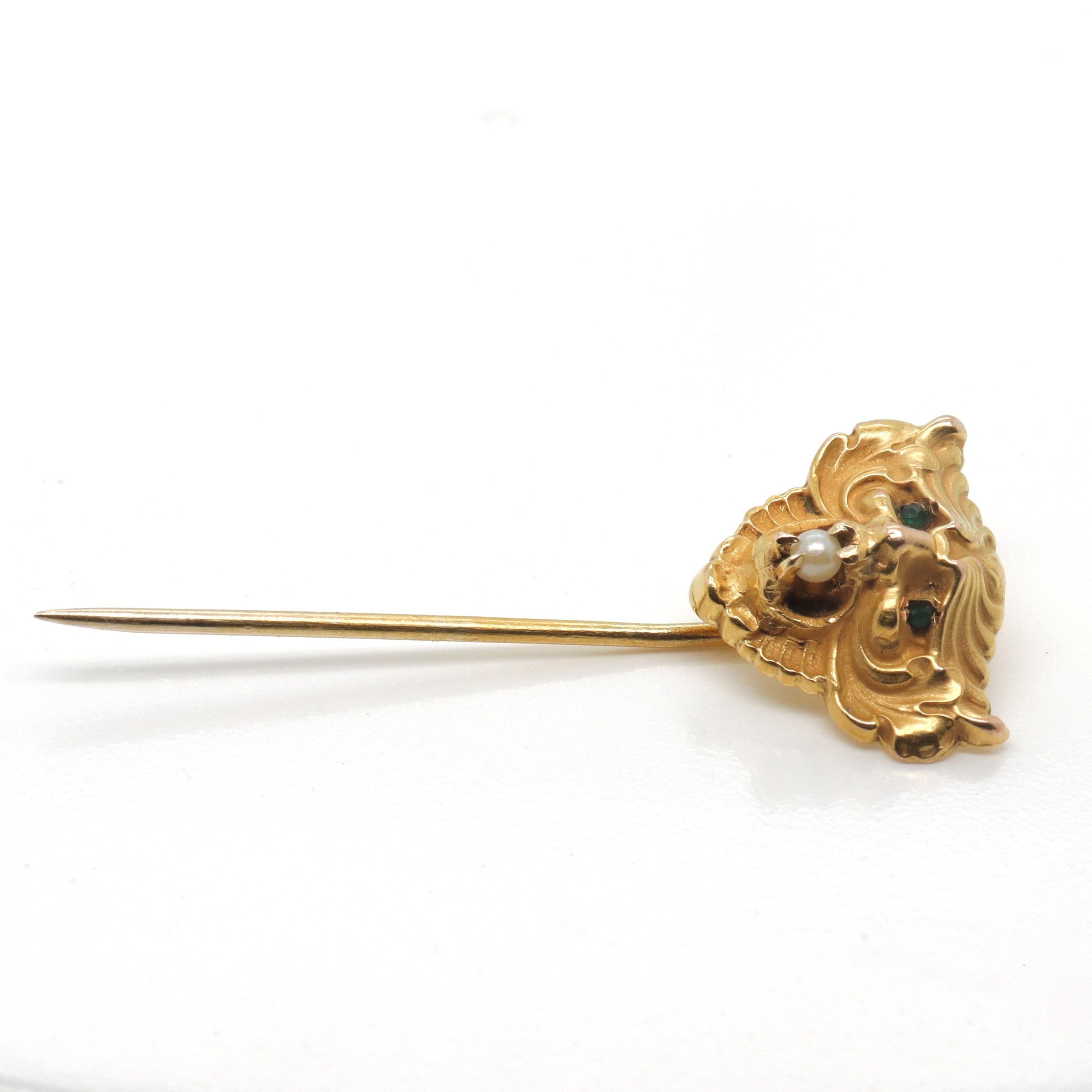 Antique Art Nouveau Devil's Mask 14K Gold & Pearl Stick Pin or Lapel Pin For Sale 3