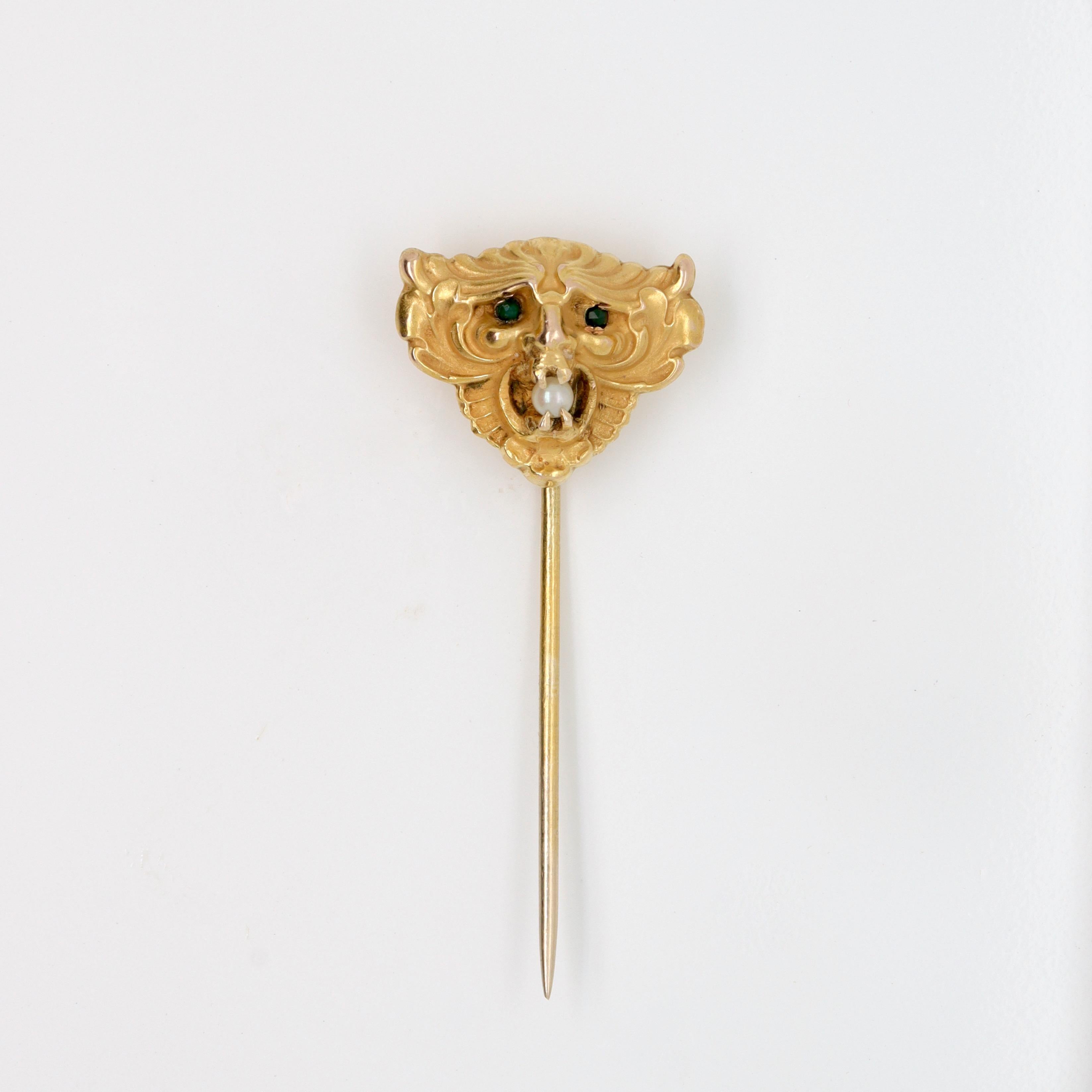 Antica maschera del diavolo Art Nouveau in oro 14 carati e perle, spilla a bastone o spilla da bavero in vendita 1