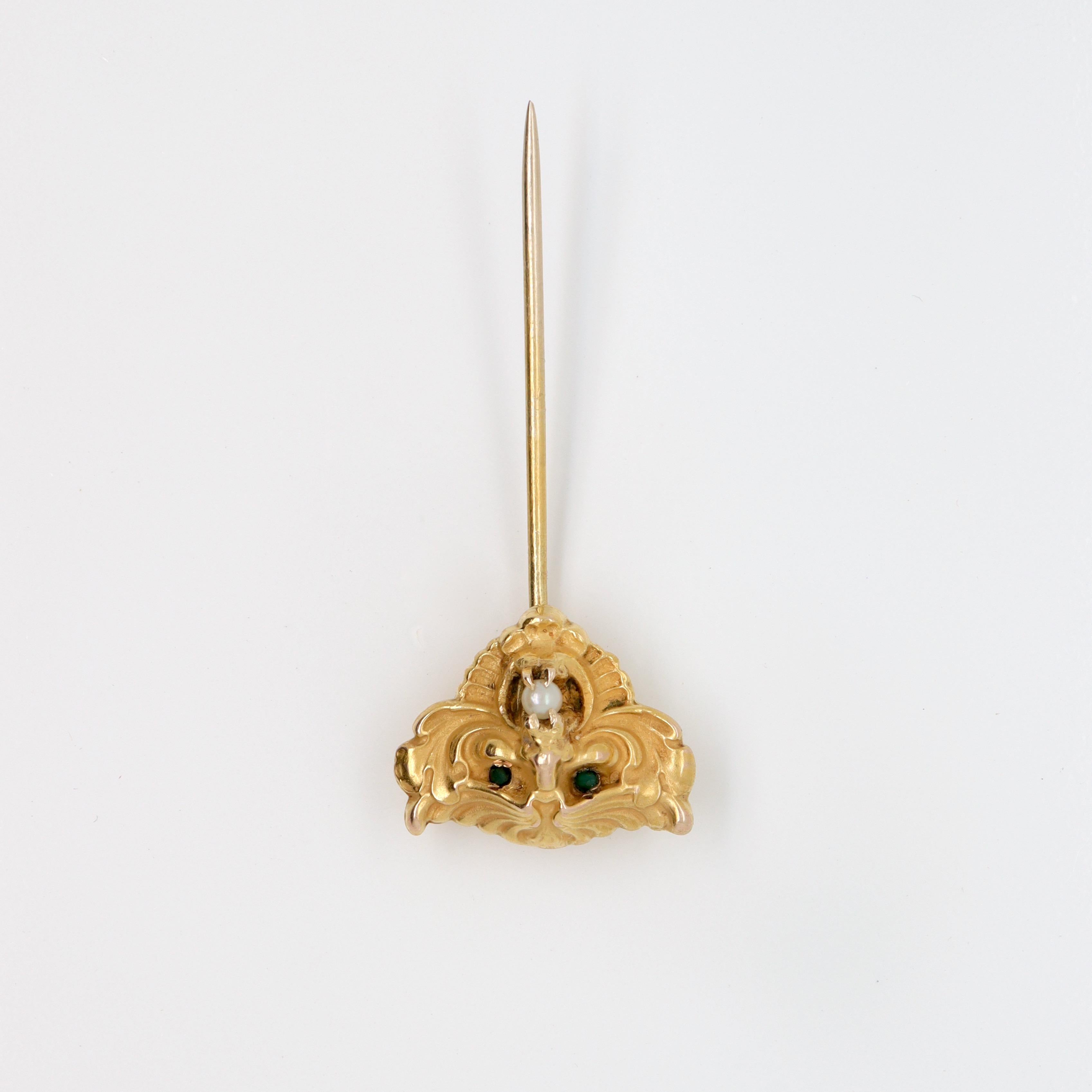 Women's or Men's Antique Art Nouveau Devil's Mask 14K Gold & Pearl Stick Pin or Lapel Pin For Sale