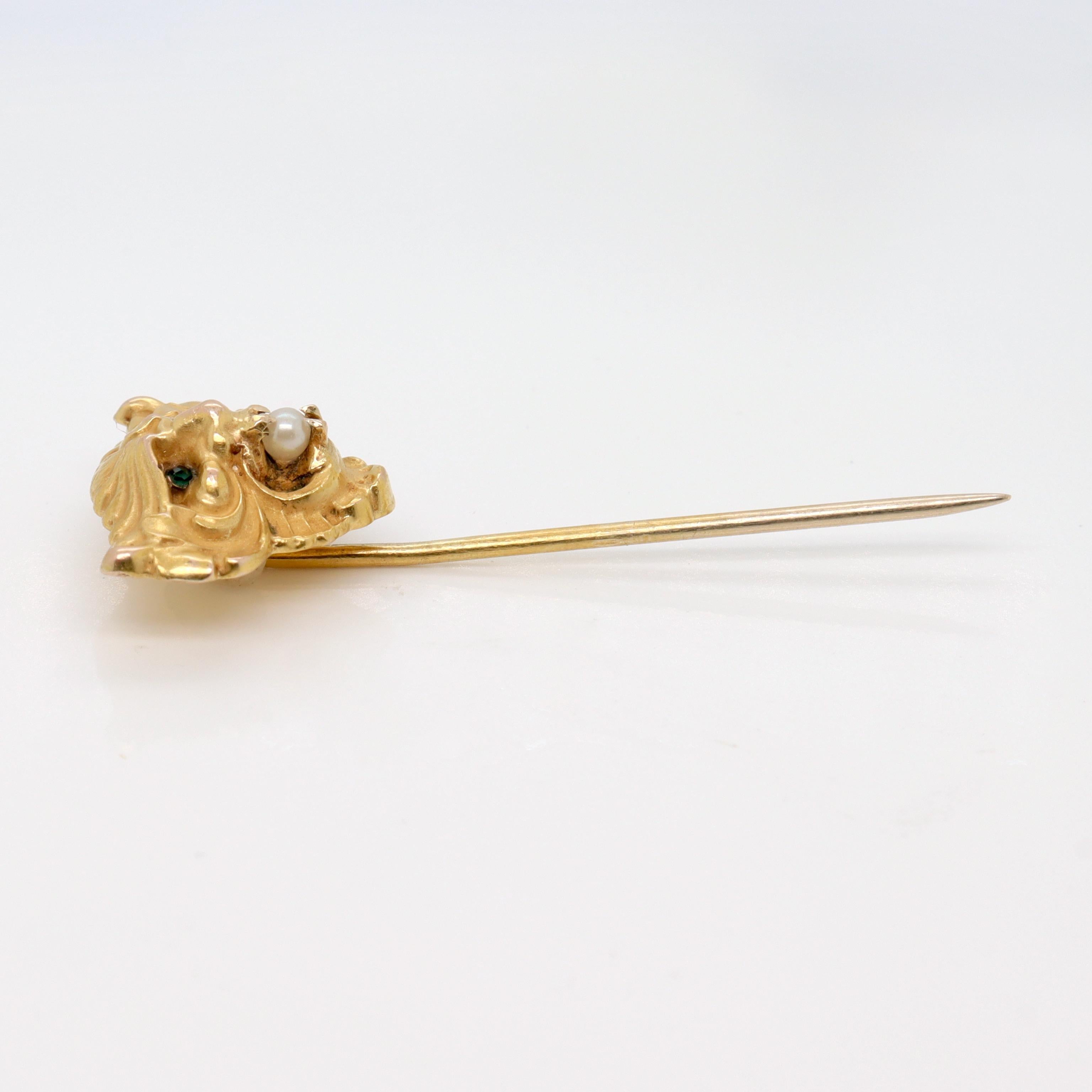Antique Art Nouveau Devil's Mask 14K Gold & Pearl Stick Pin or Lapel Pin For Sale 2