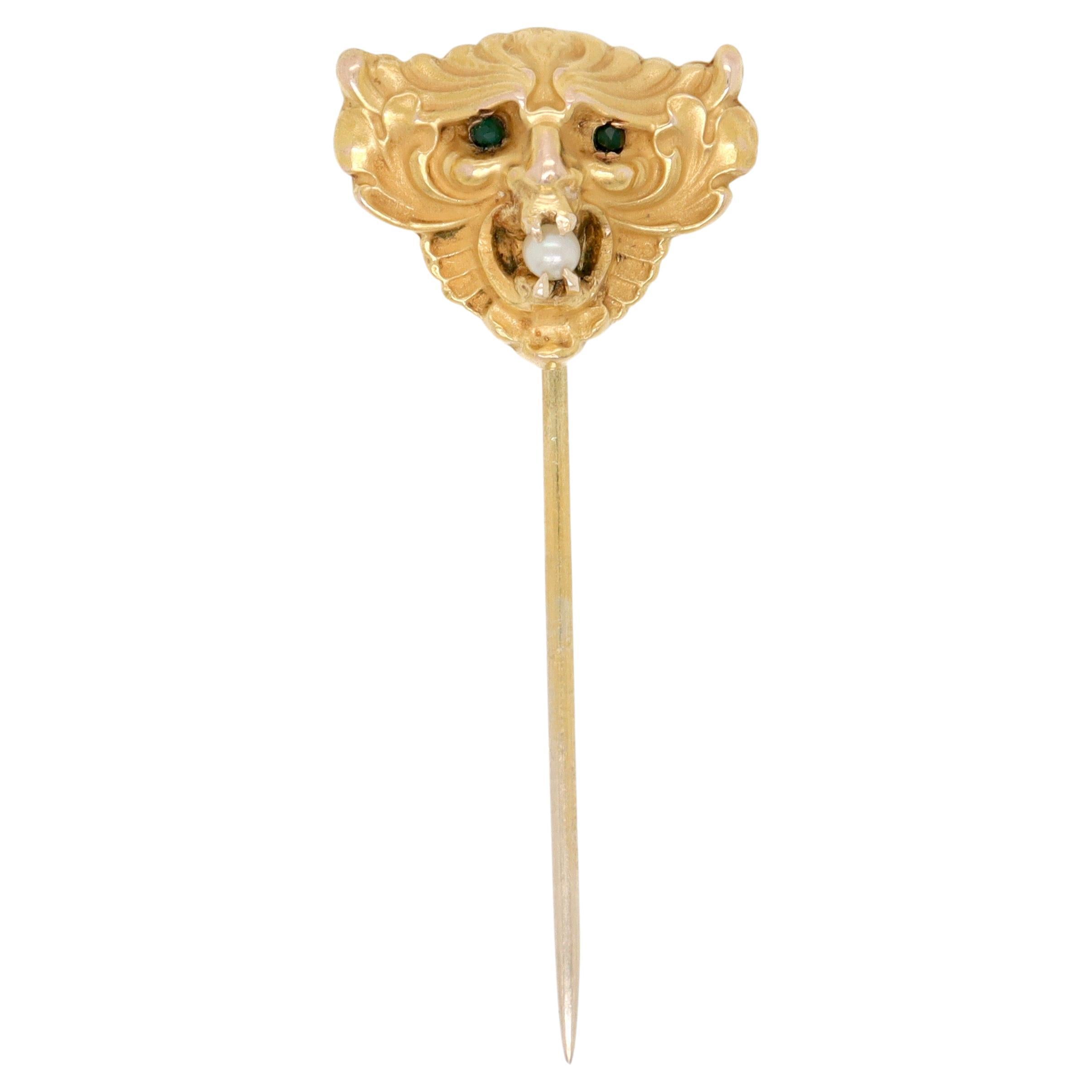 Antique Art Nouveau Devil's Mask 14K Gold & Pearl Stick Pin or Lapel Pin
