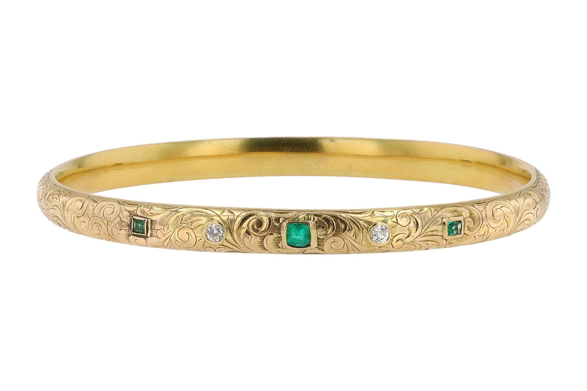 Antiker Jugendstil-Armreif mit Diamant- und Smaragdgravur (Alteuropäischer Brillantschliff)