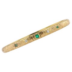 Antique Art Nouveau Diamond and Emerald Engraved Bangle