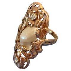 Antique Art Nouveau Diamond and Freshwater Pearl Floral Design 14 Karat Gold