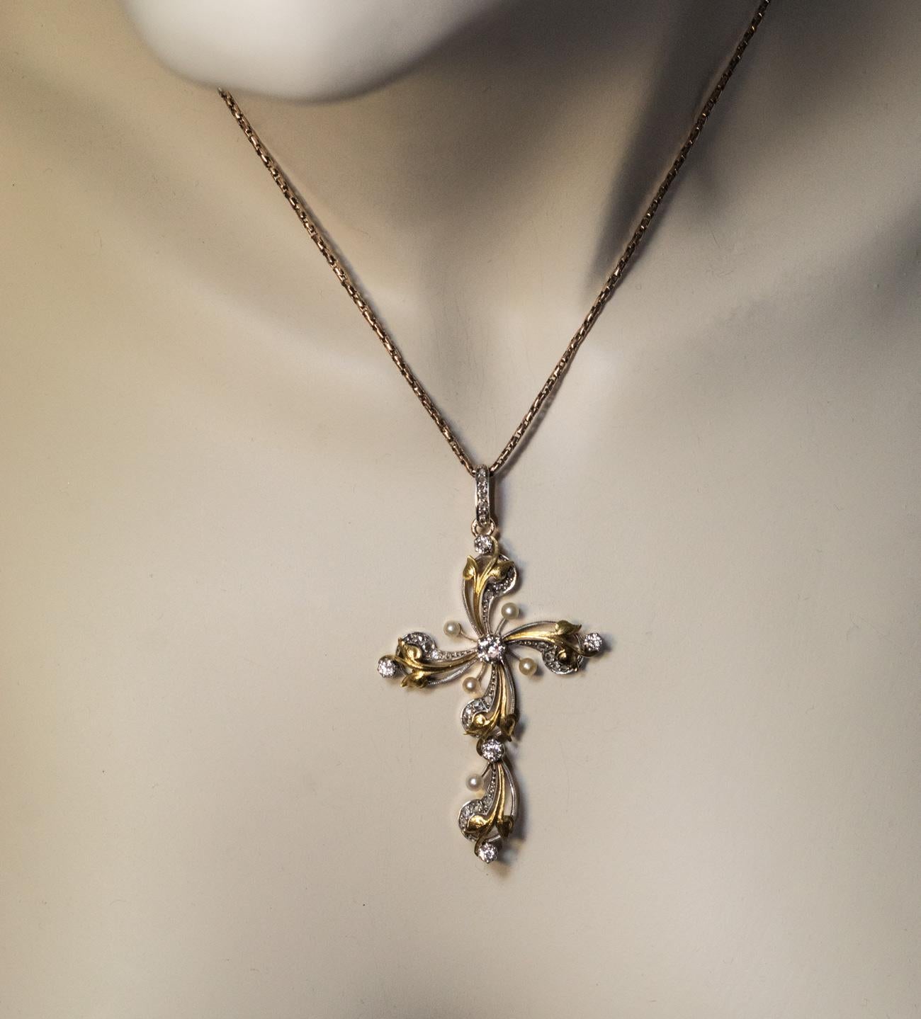 Antique Art Nouveau Diamond and Pearl Cross Pendant 1