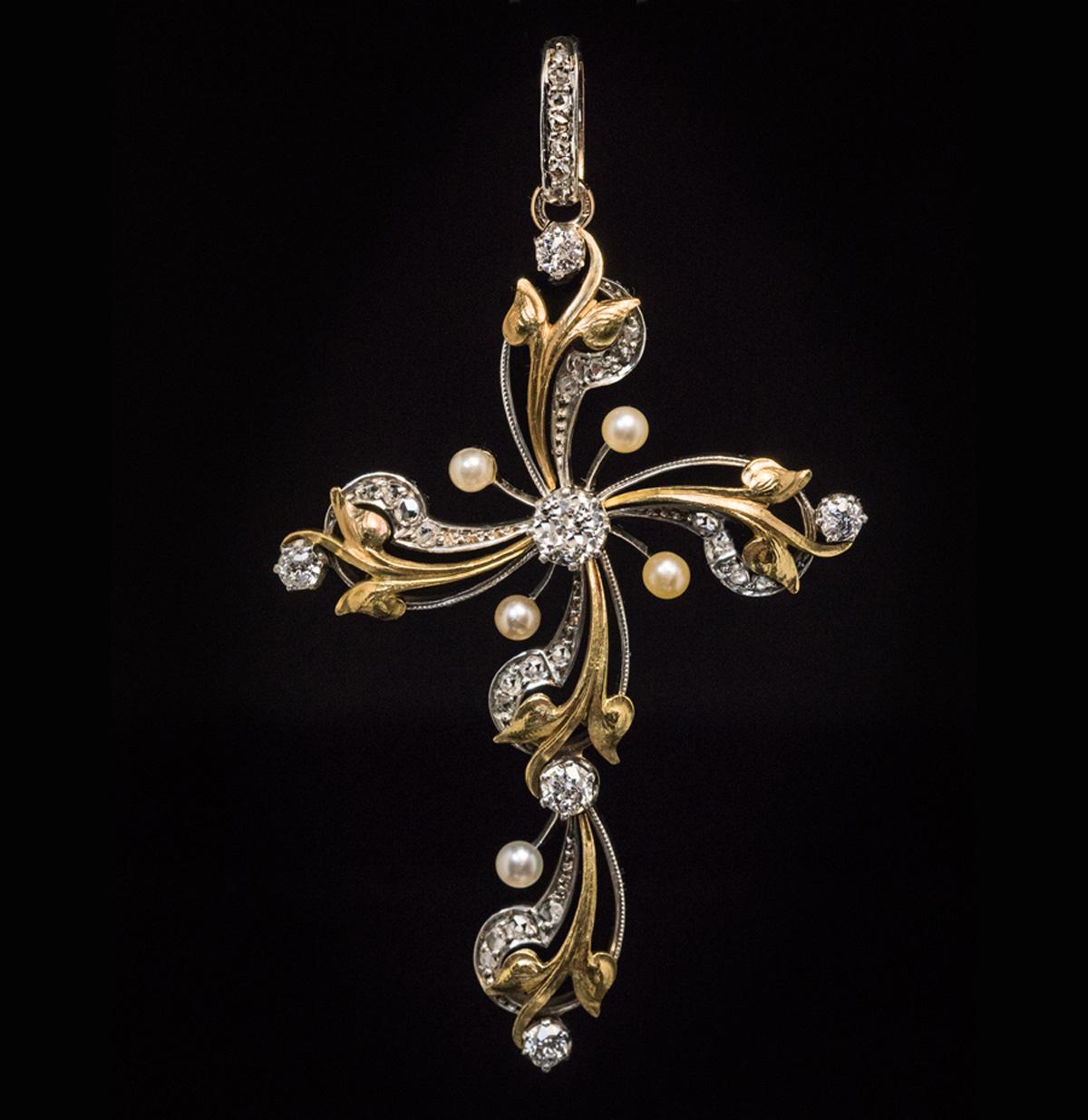Antique Art Nouveau Diamond and Pearl Cross Pendant 2