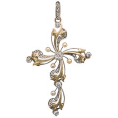 Antique Art Nouveau Diamond and Pearl Cross Pendant
