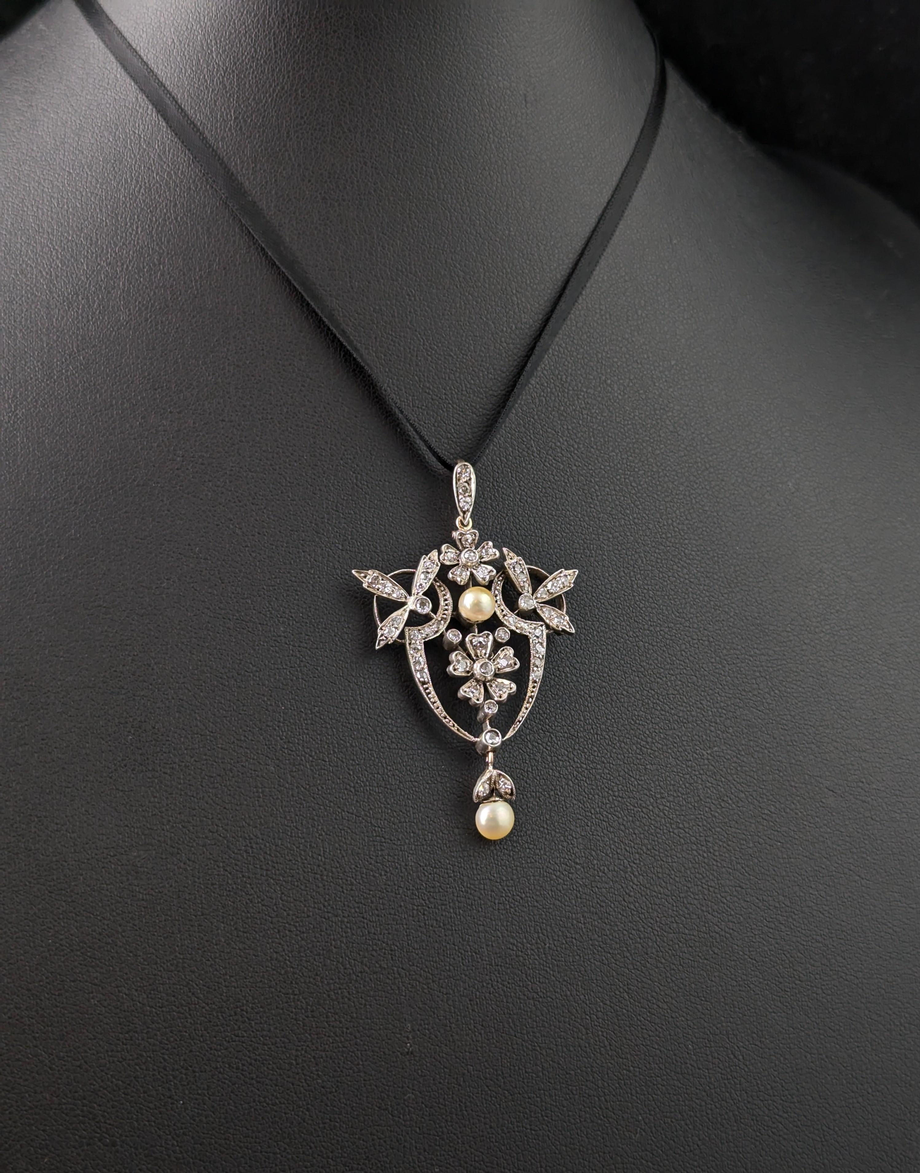 Antique Art Nouveau Diamond and Pearl pendant, floral For Sale 5