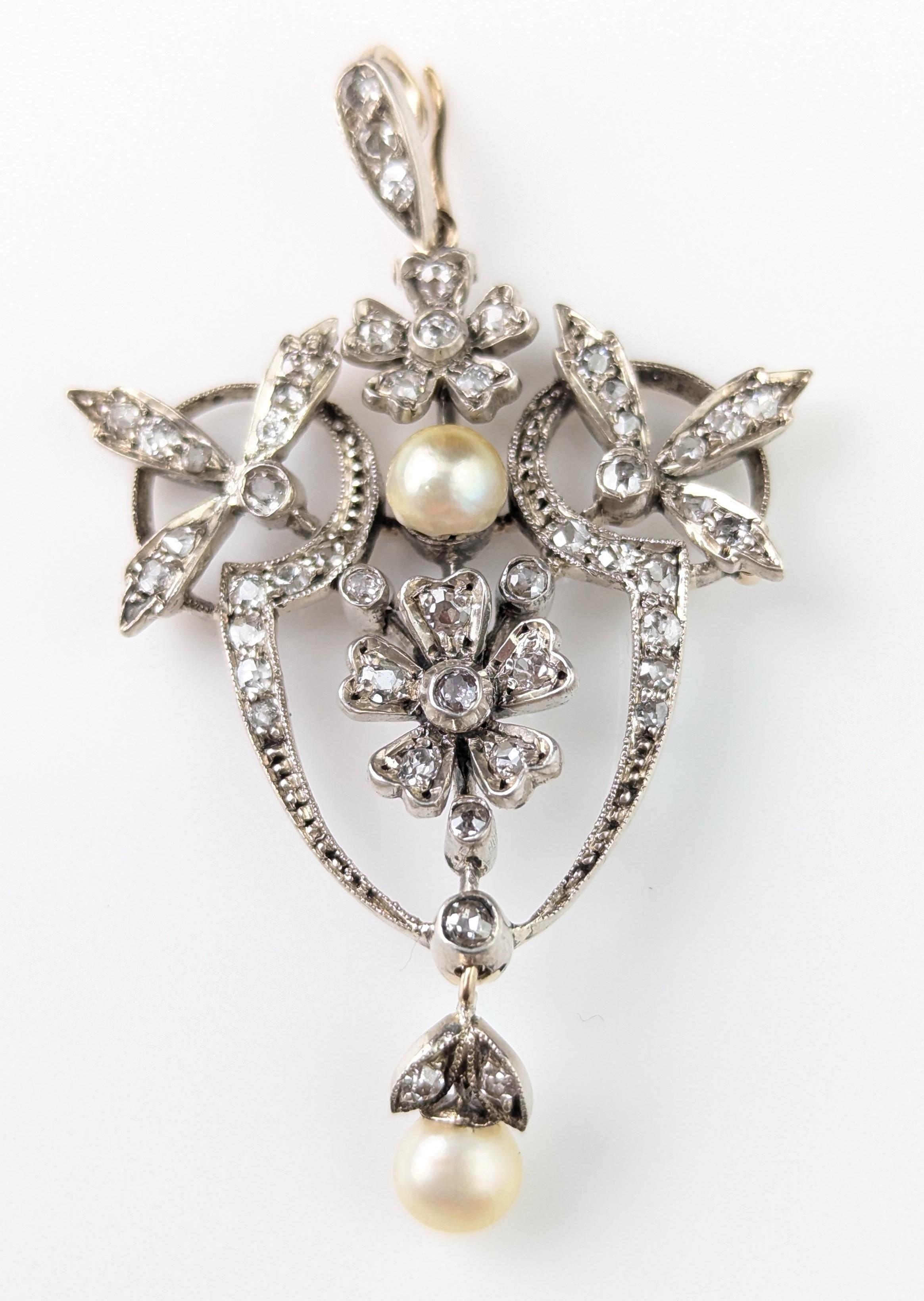 Antique Art Nouveau Diamond and Pearl pendant, floral For Sale 8