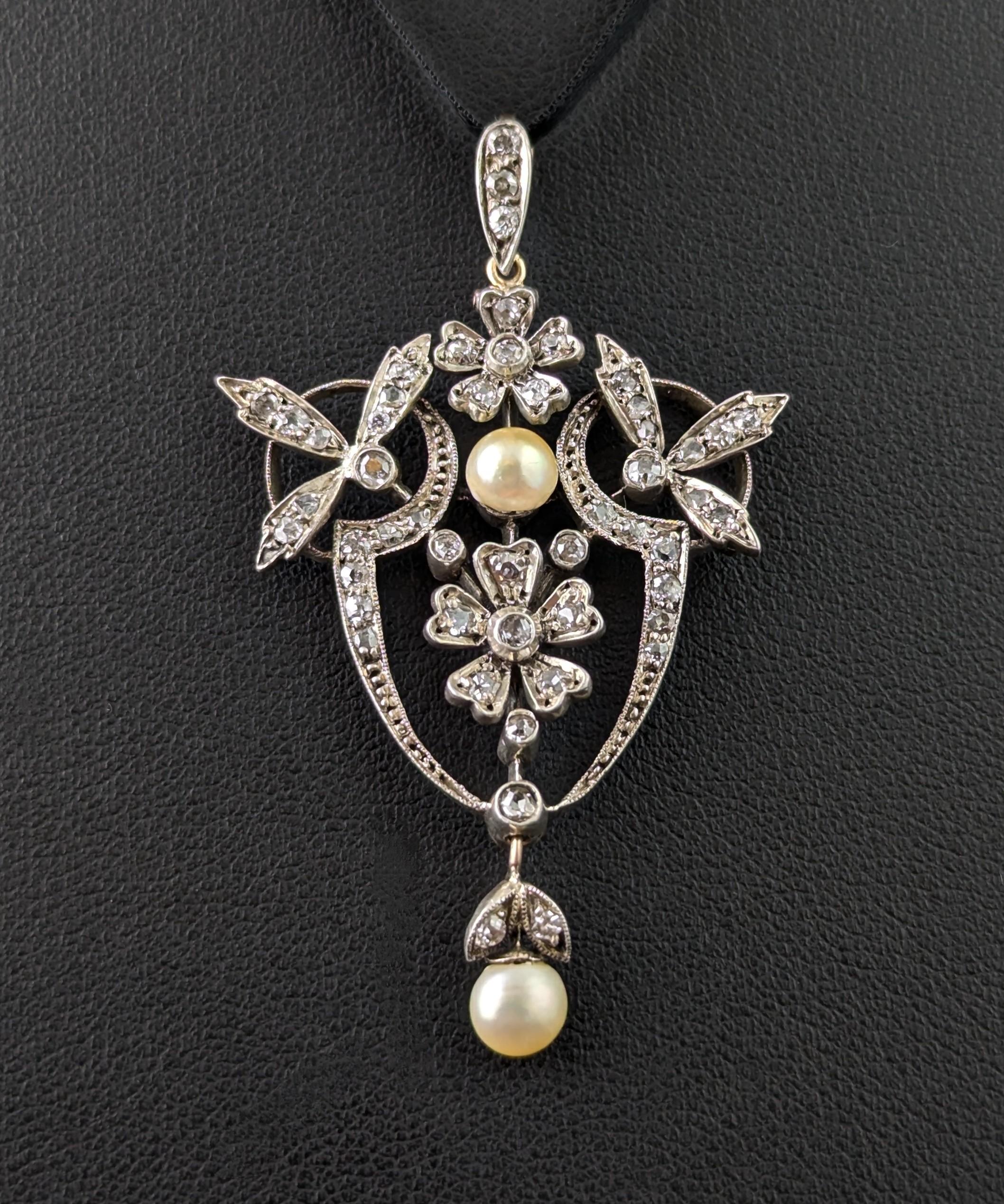 Old Mine Cut Antique Art Nouveau Diamond and Pearl pendant, floral For Sale