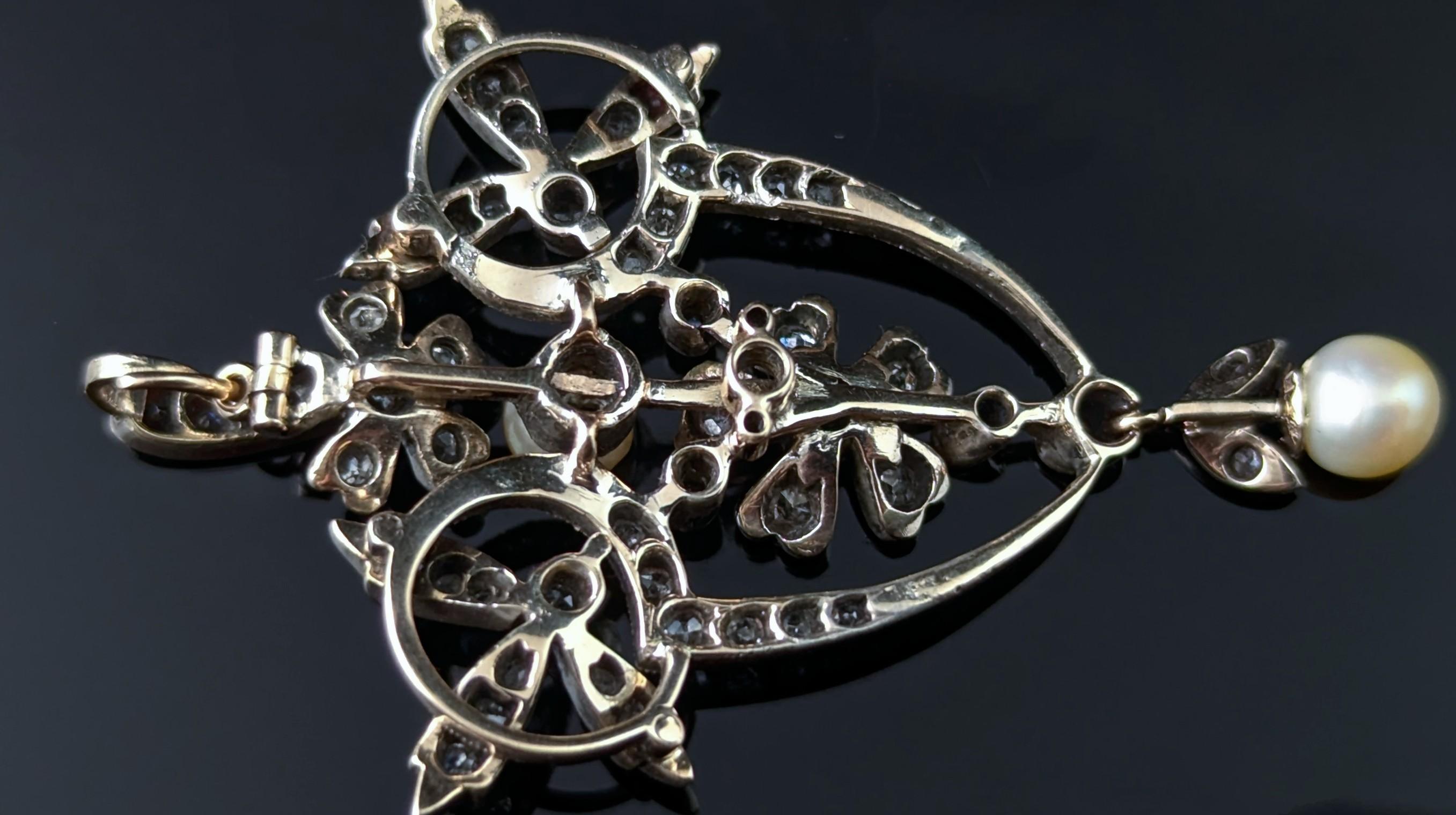 Women's Antique Art Nouveau Diamond and Pearl pendant, floral For Sale