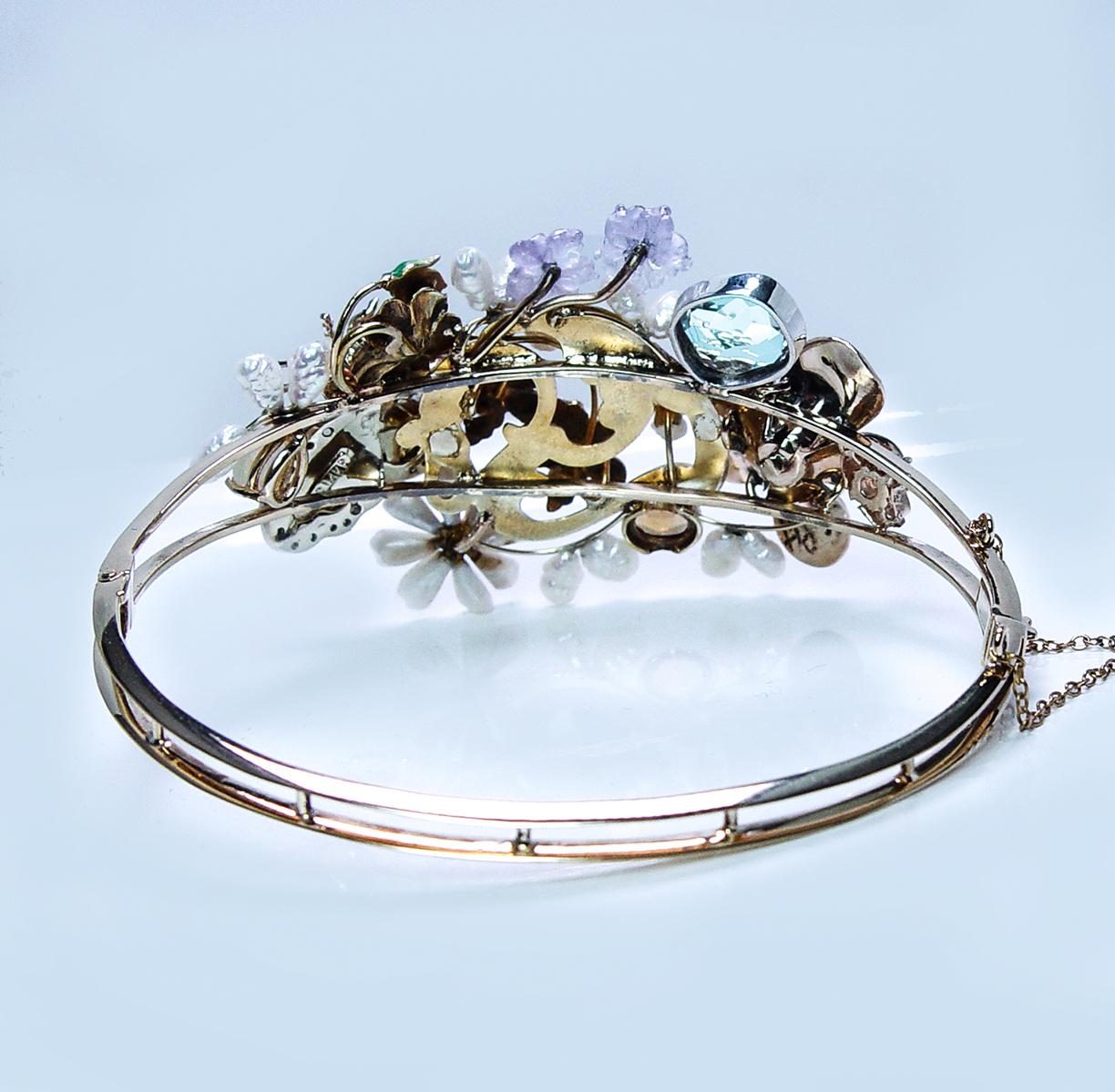 Bracelet manchette antique Art Nouveau Diamant Aigue-marine 14K Or Estate 7.5