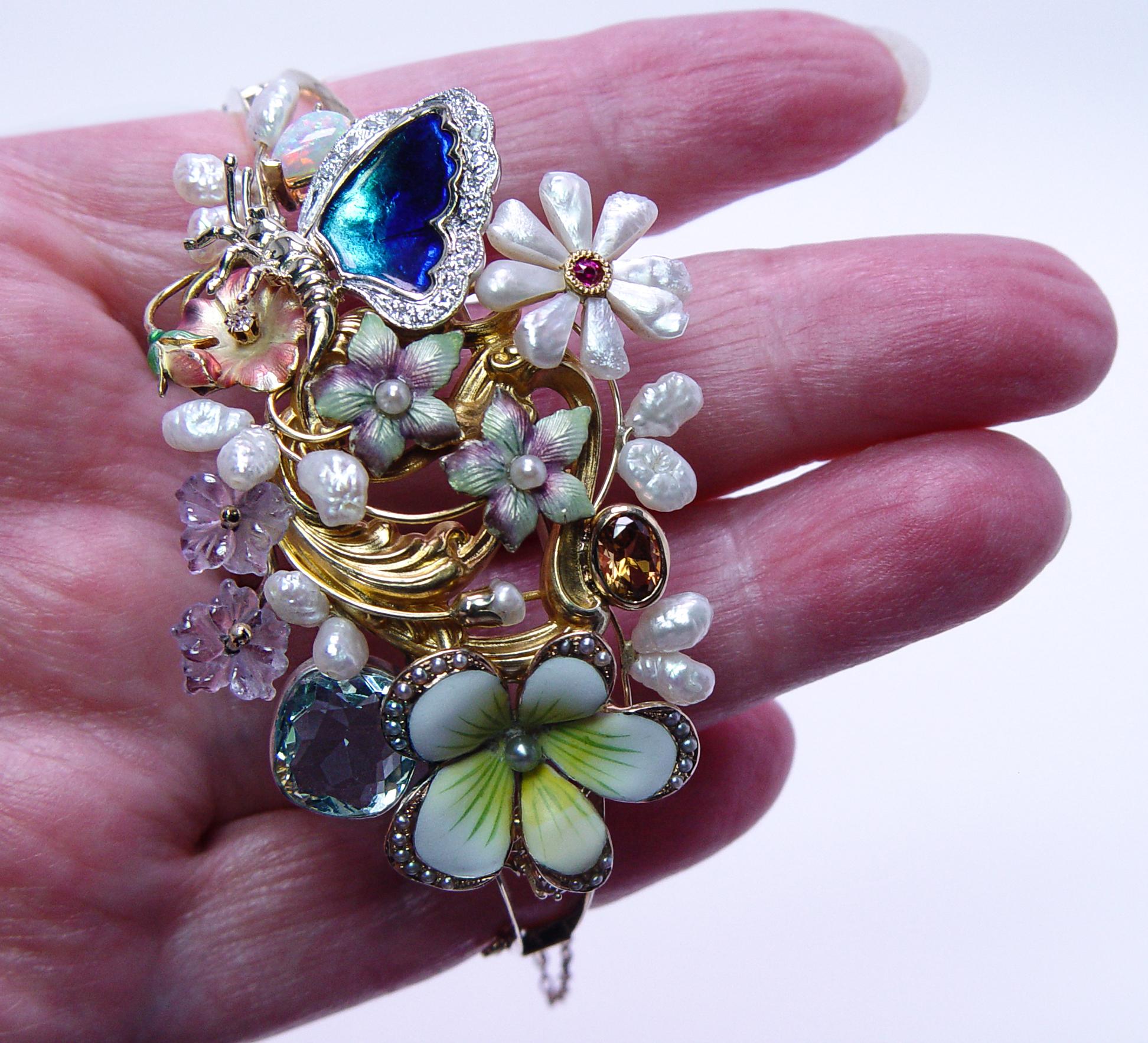 Art nouveau Bracelet manchette antique Art Nouveau Diamant Aigue-marine 14K Or Estate 7.5