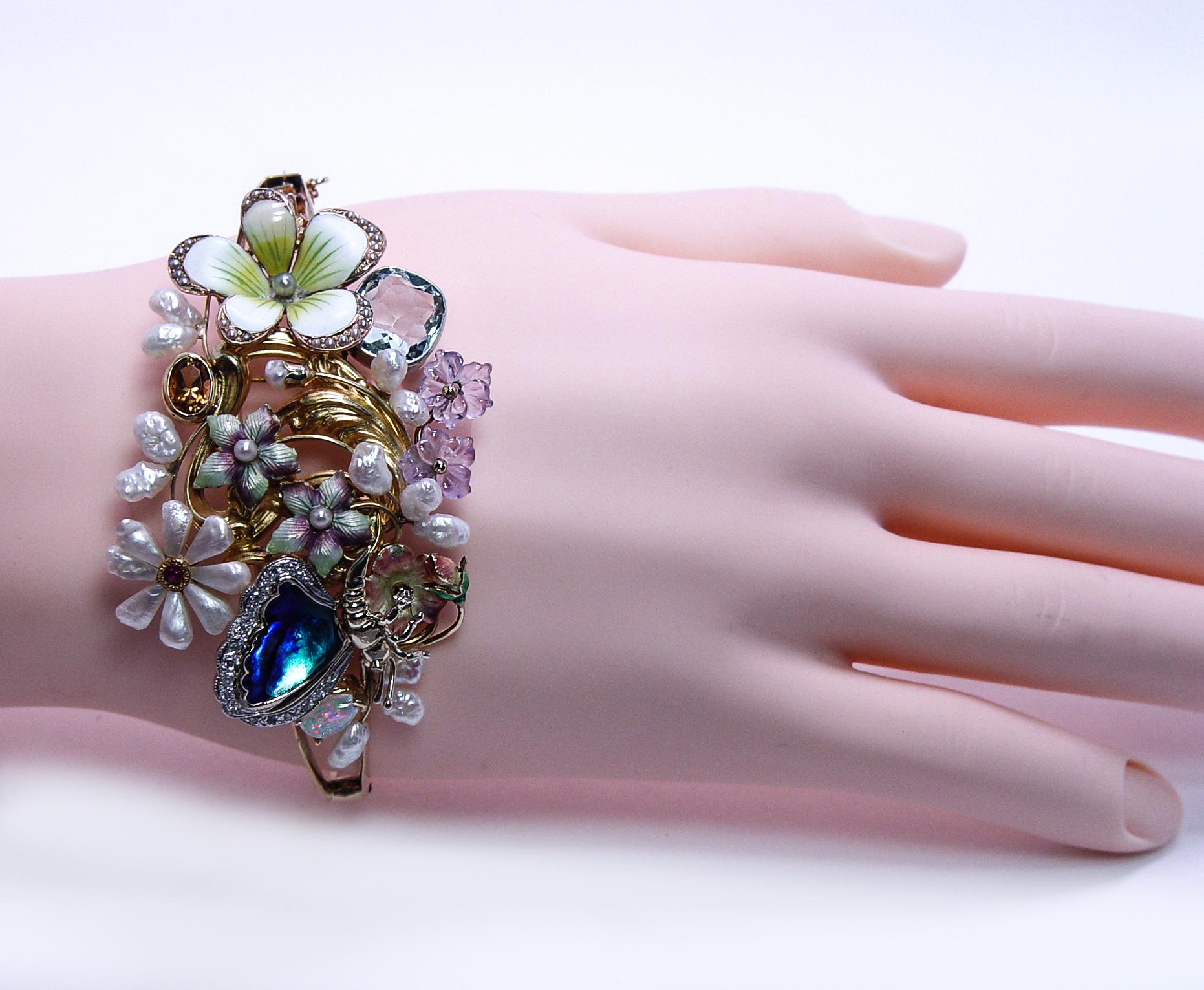 Taille coussin antique Bracelet manchette antique Art Nouveau Diamant Aigue-marine 14K Or Estate 7.5