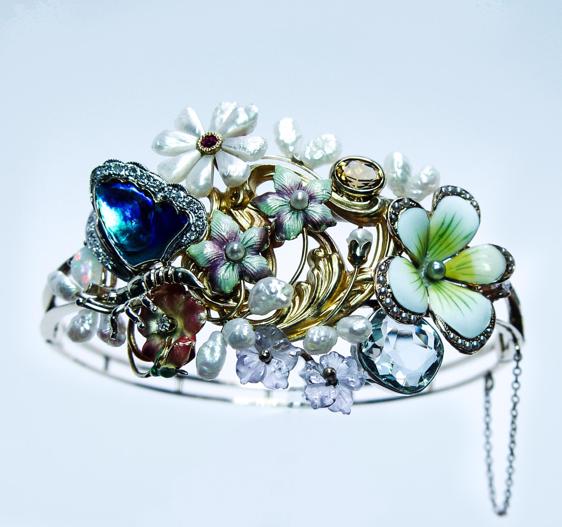 Bracelet manchette antique Art Nouveau Diamant Aigue-marine 14K Or Estate 7.5