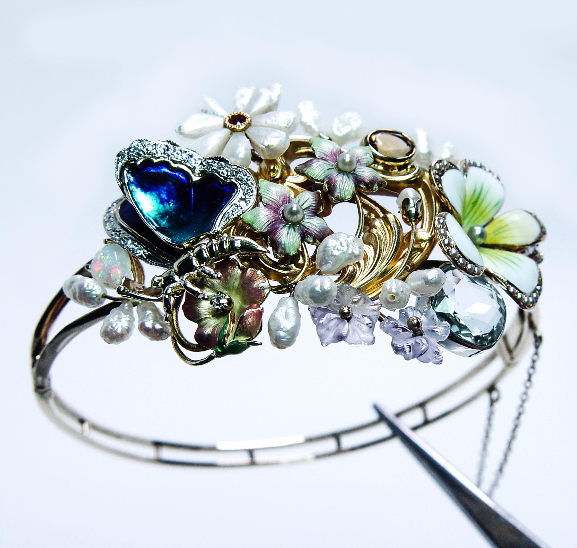 Bracelet manchette antique Art Nouveau Diamant Aigue-marine 14K Or Estate 7.5