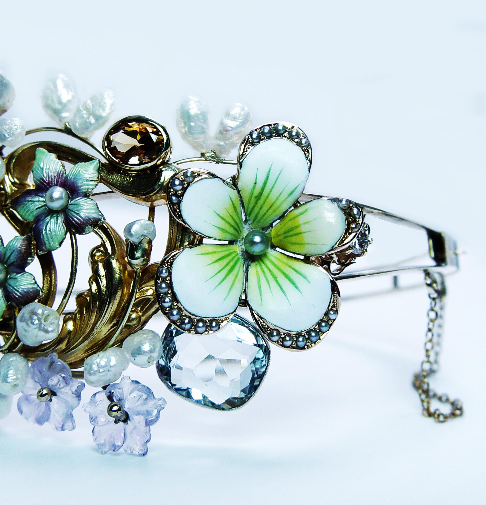 Bracelet manchette antique Art Nouveau Diamant Aigue-marine 14K Or Estate 7.5