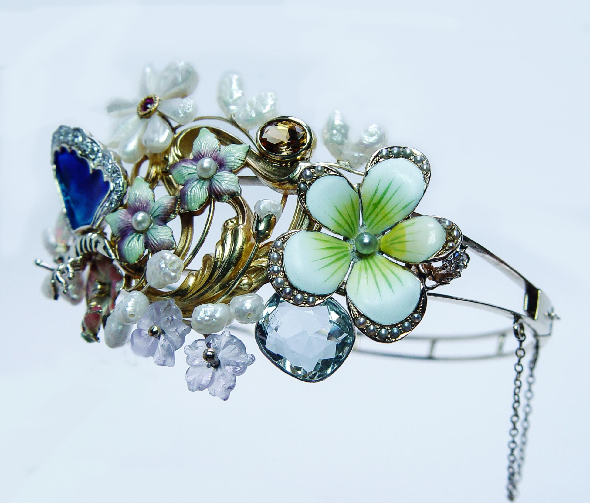 Bracelet manchette antique Art Nouveau Diamant Aigue-marine 14K Or Estate 7.5