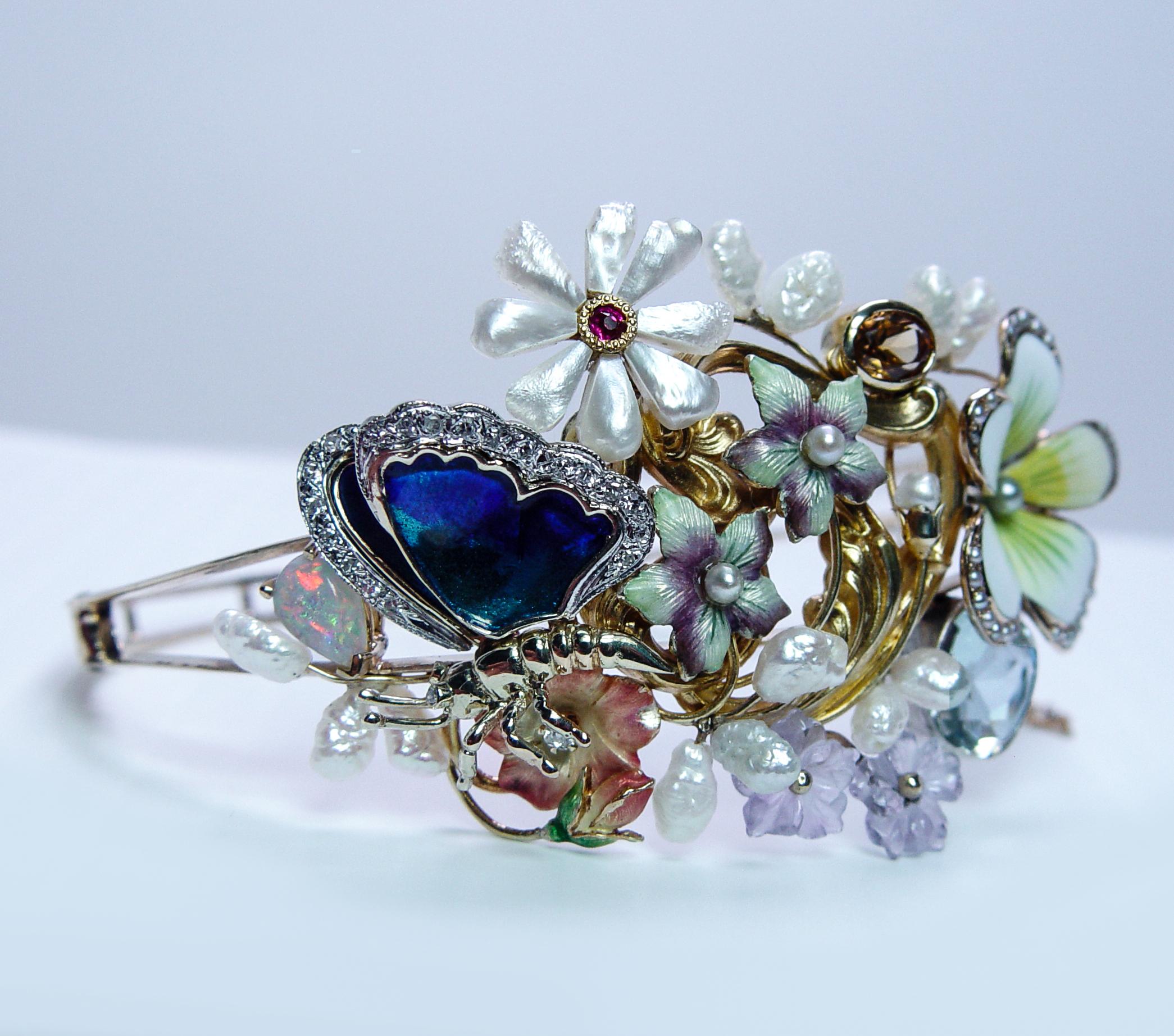 Bracelet manchette antique Art Nouveau Diamant Aigue-marine 14K Or Estate 7.5