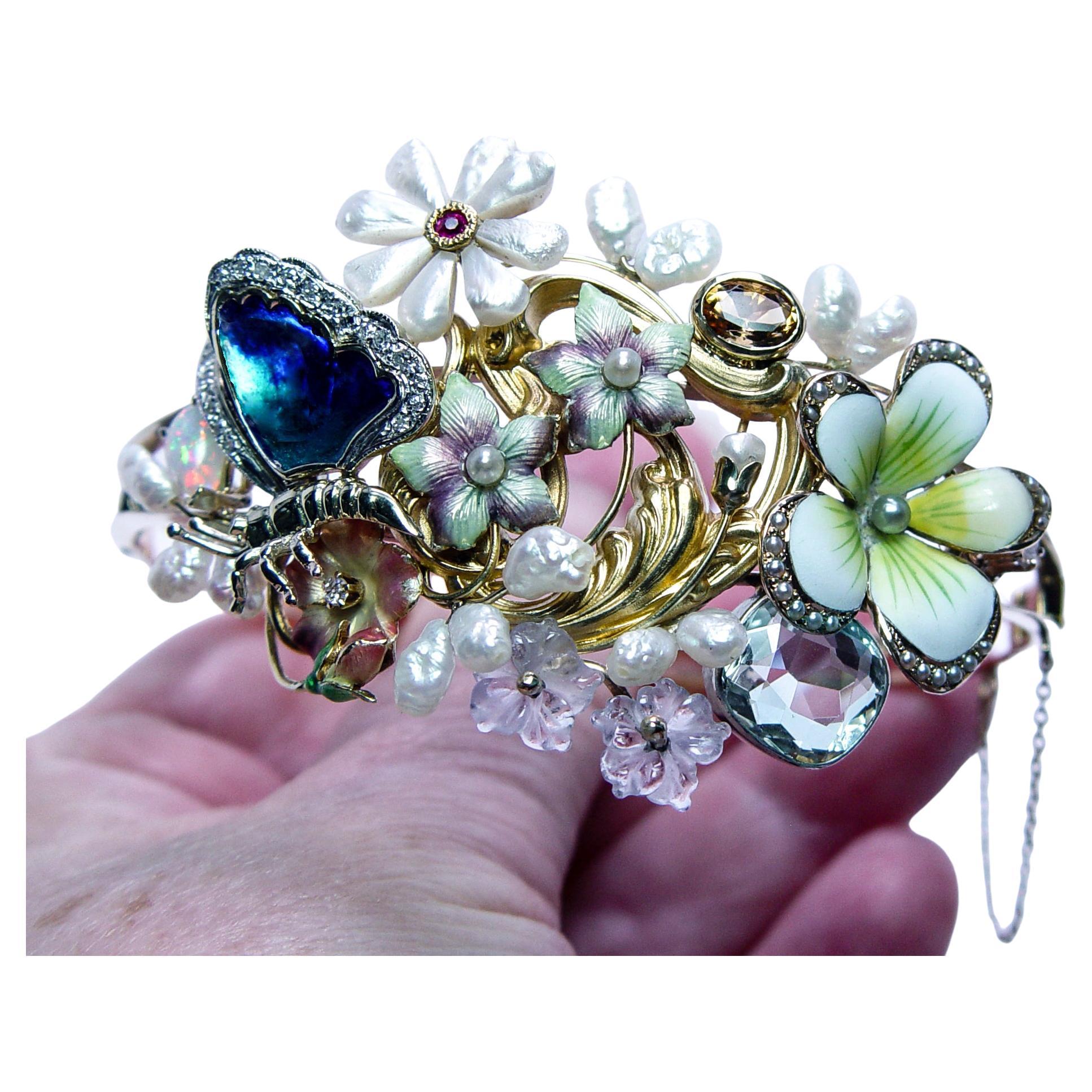 Bracelet manchette antique Art Nouveau Diamant Aigue-marine 14K Or Estate 7.5" en vente
