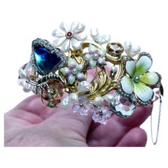 Antique Art Nouveau Diamond Aquamarine Cuff Bracelet 14K Gold Estate 7.5"