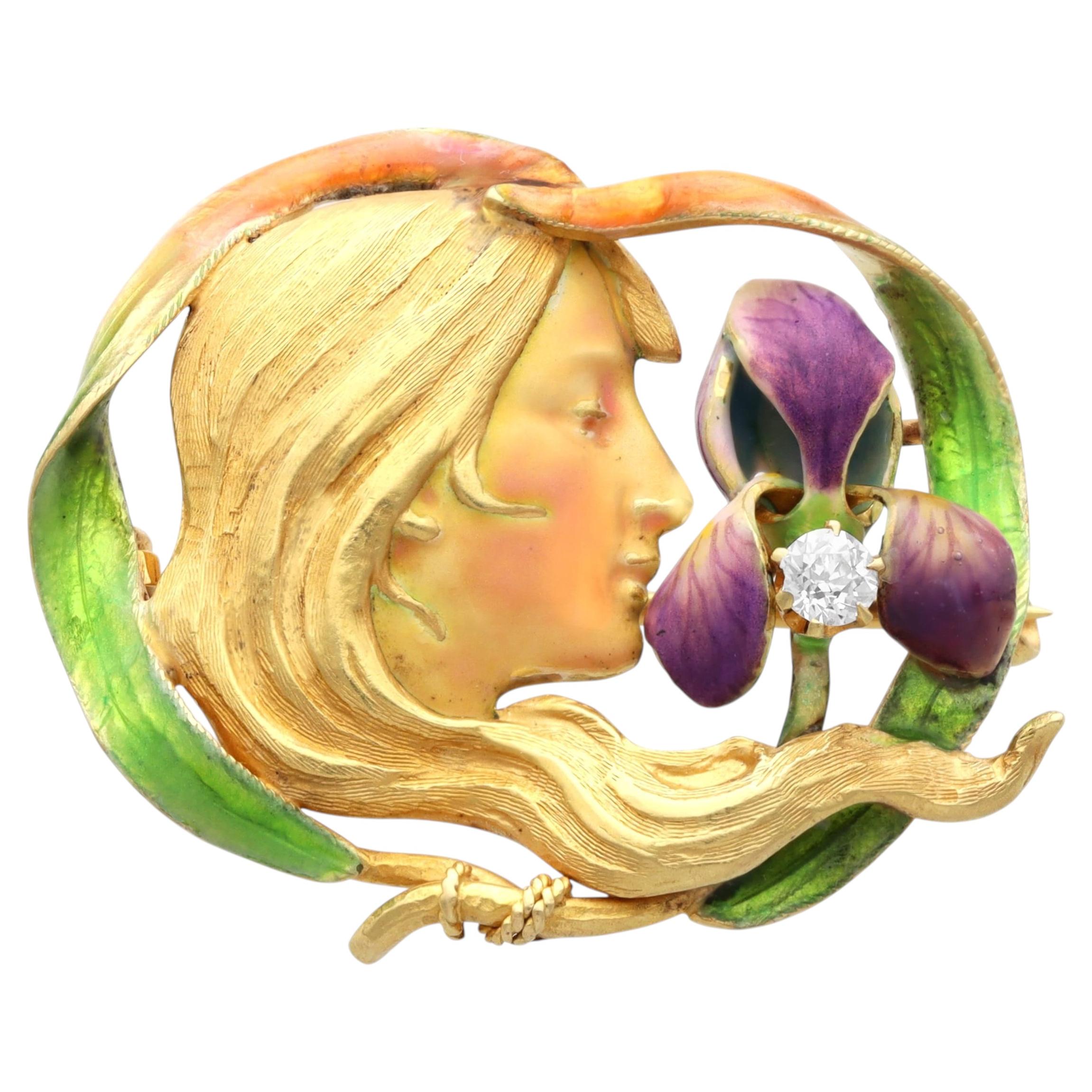 Antique Art Nouveau Diamond Enamel and 18k Yellow Gold Brooch Circa 1910