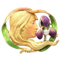 Antike Brosche im Jugendstil aus Diamant-Emaille und 18-karätigem Gelbgold, CIRCA 1910