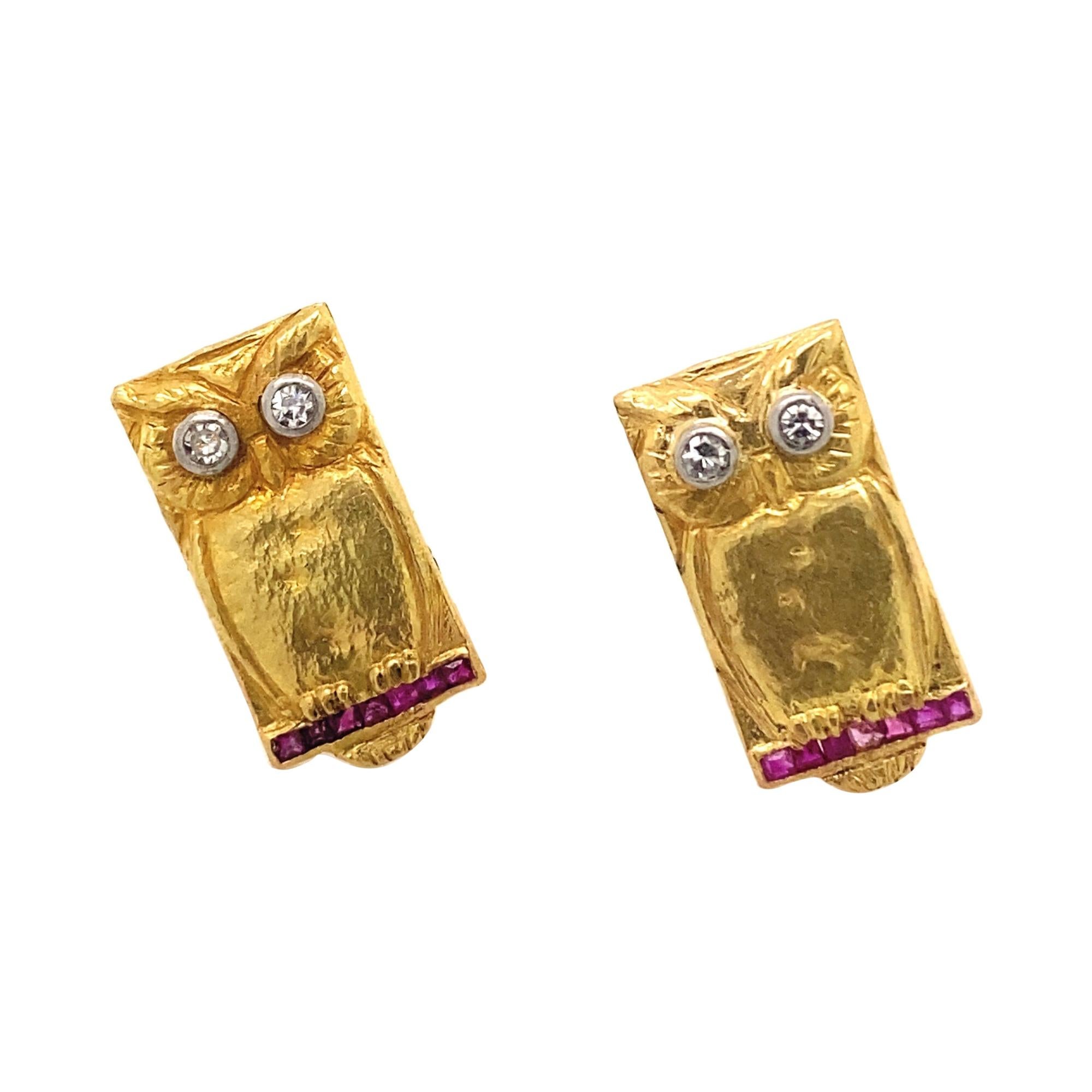 Antique Art Nouveau Diamond Eye Ruby 18k Gold Owl Earrings For Sale
