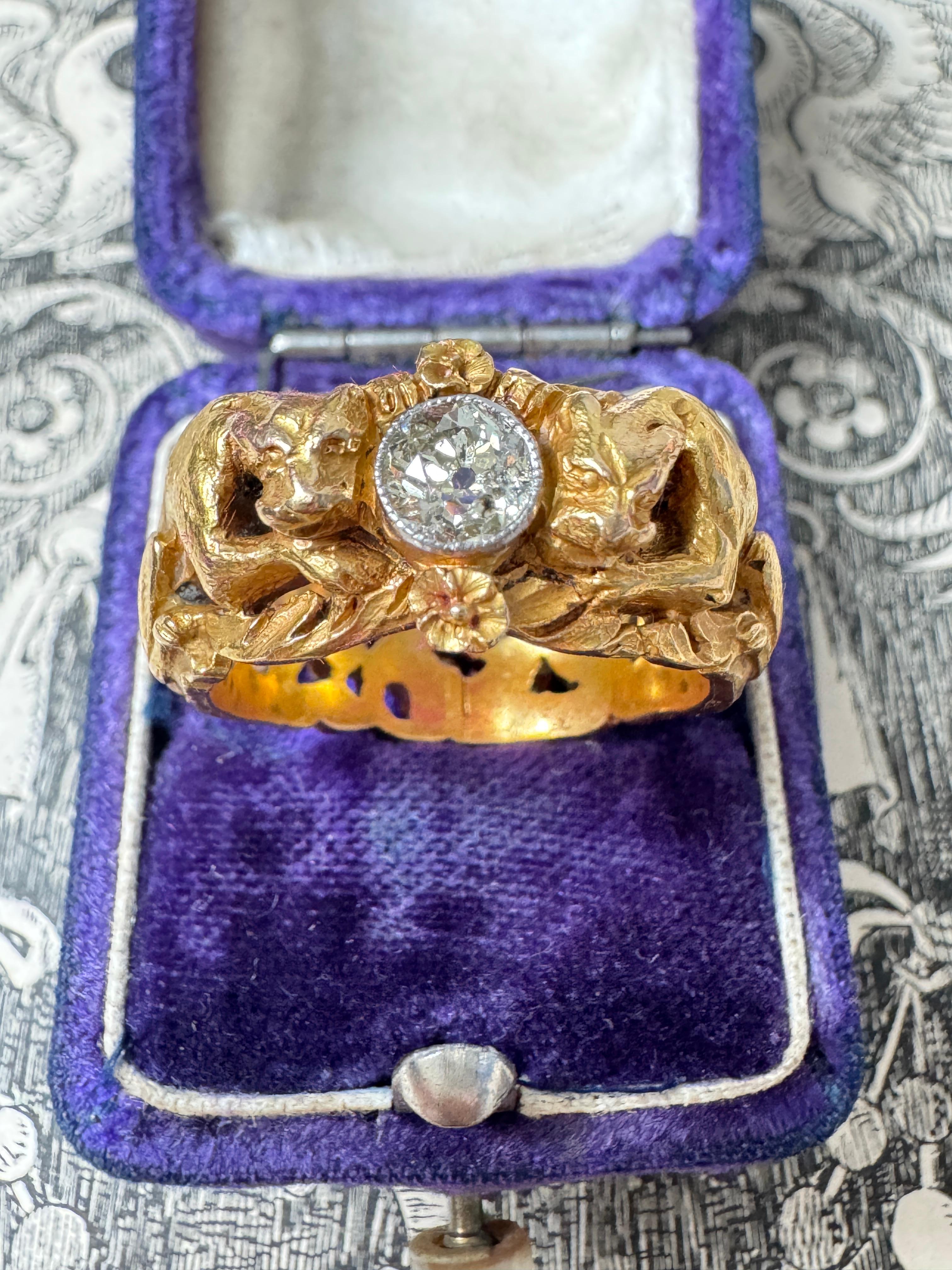 Anello antico Art Nouveau con diamante e figura di tigre - Oro 18 carati In condizioni buone in vendita a Hummelstown, PA