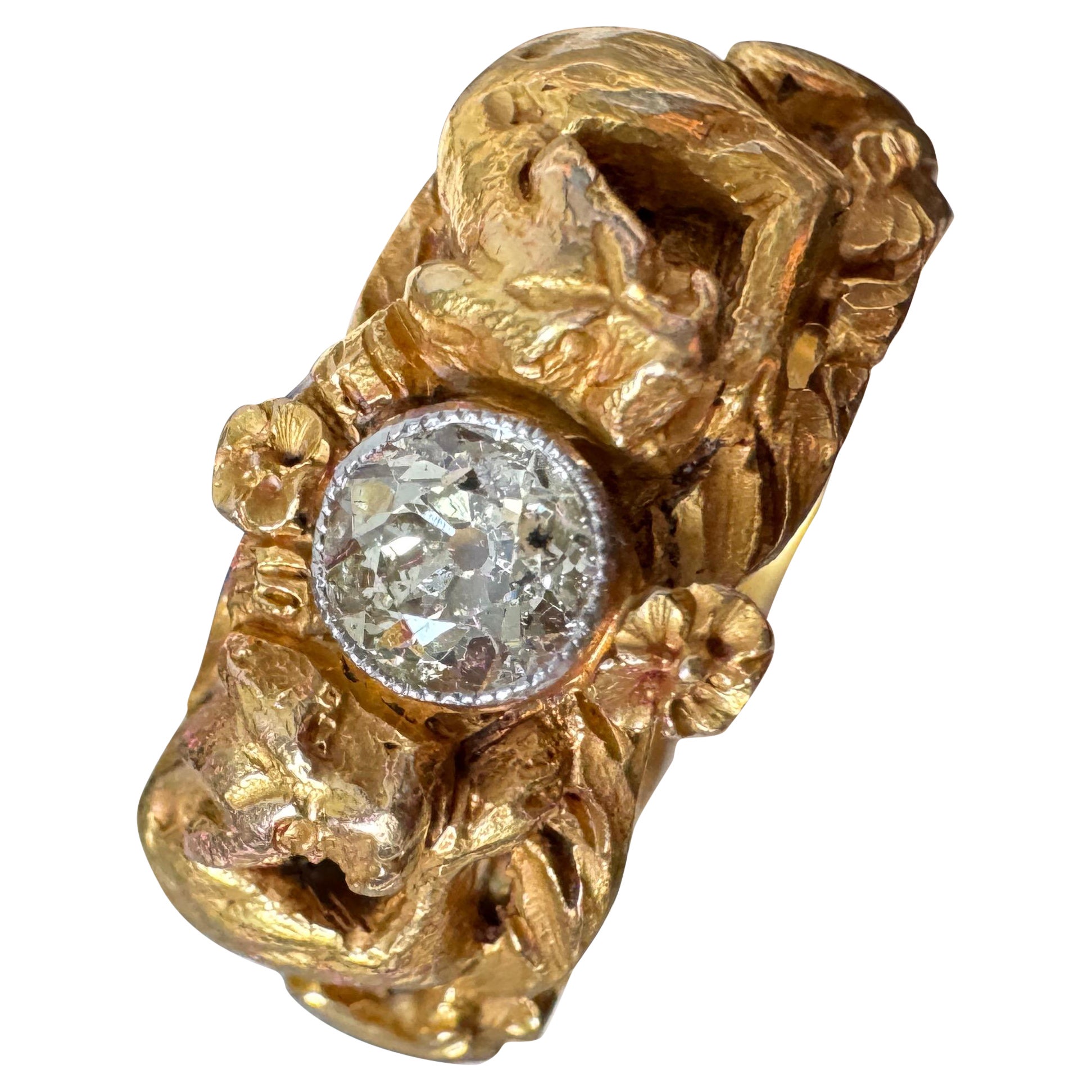Anello antico Art Nouveau con diamante e figura di tigre - Oro 18 carati in vendita