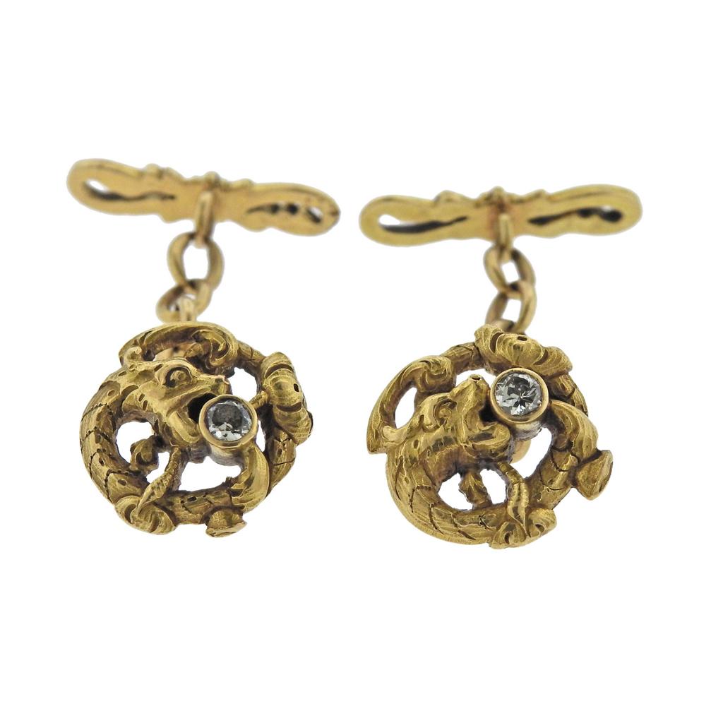 Antique Art Nouveau Diamond Gold Dragon Cufflinks