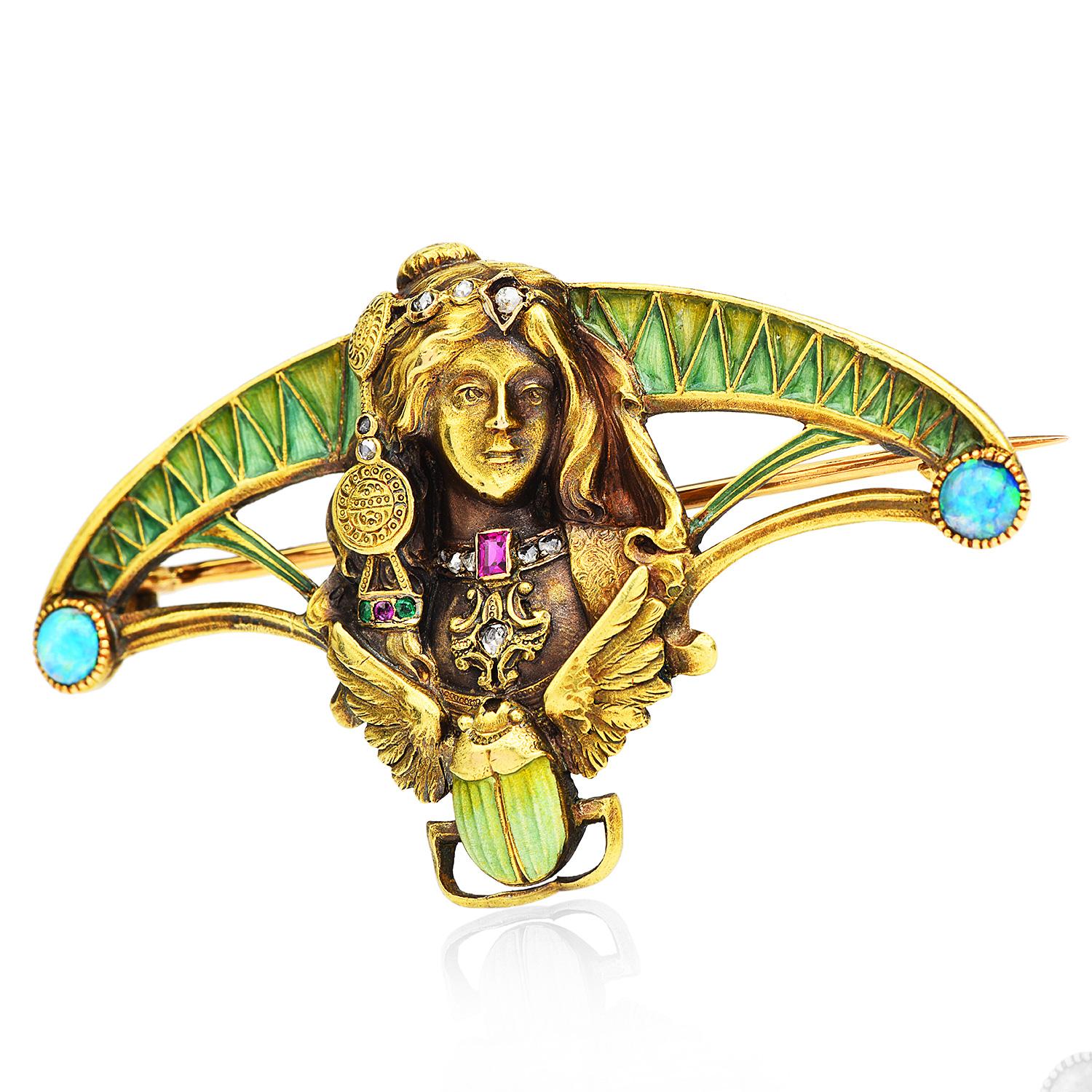 Women's Antique Art Nouveau Diamond Gold Enamel Egyptian Revival Lady Scarab Pin