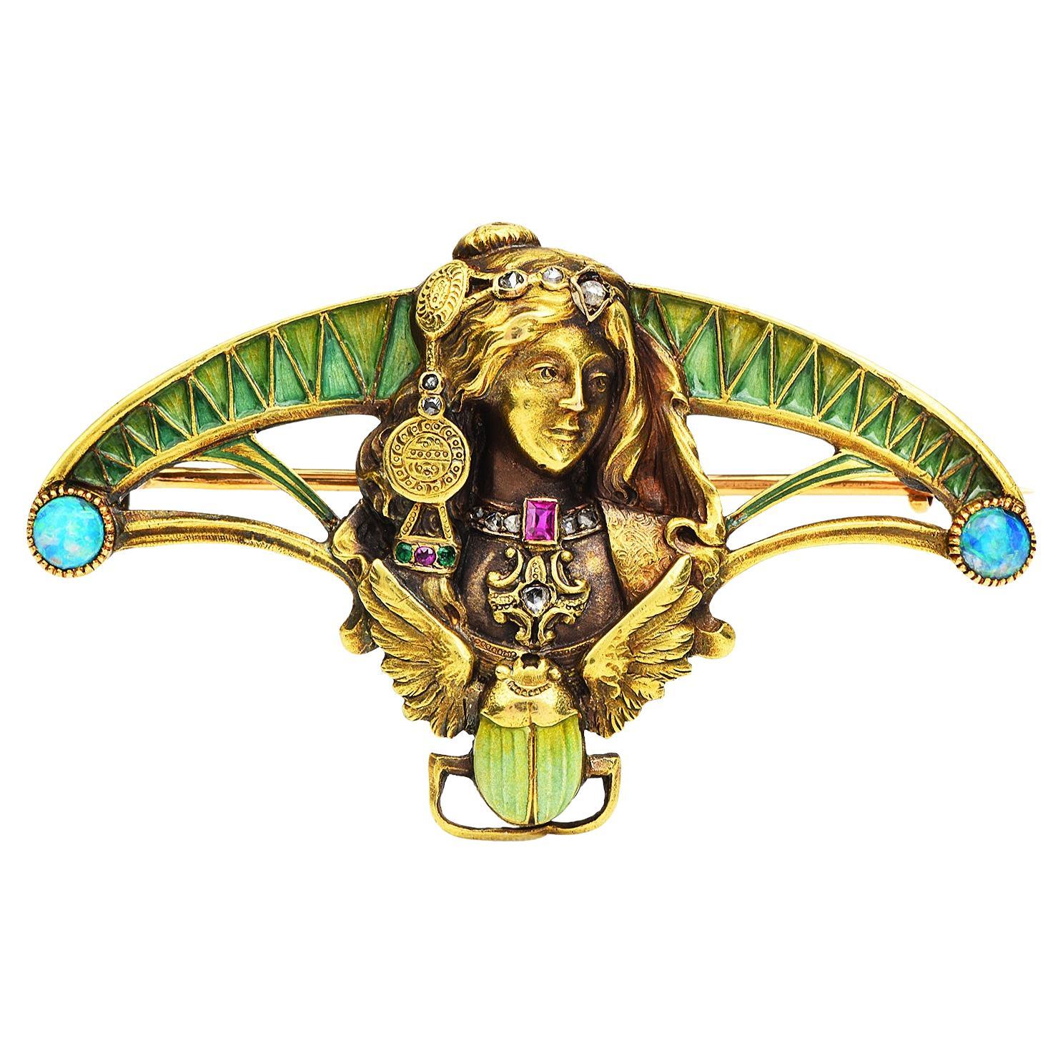 Antique Art Nouveau Diamond Gold Enamel Egyptian Revival Lady Scarab Pin