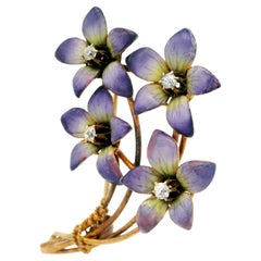 Antique Art Nouveau Diamond & Gradient Lavender Enamel Flower Bouquet Pin Brooch