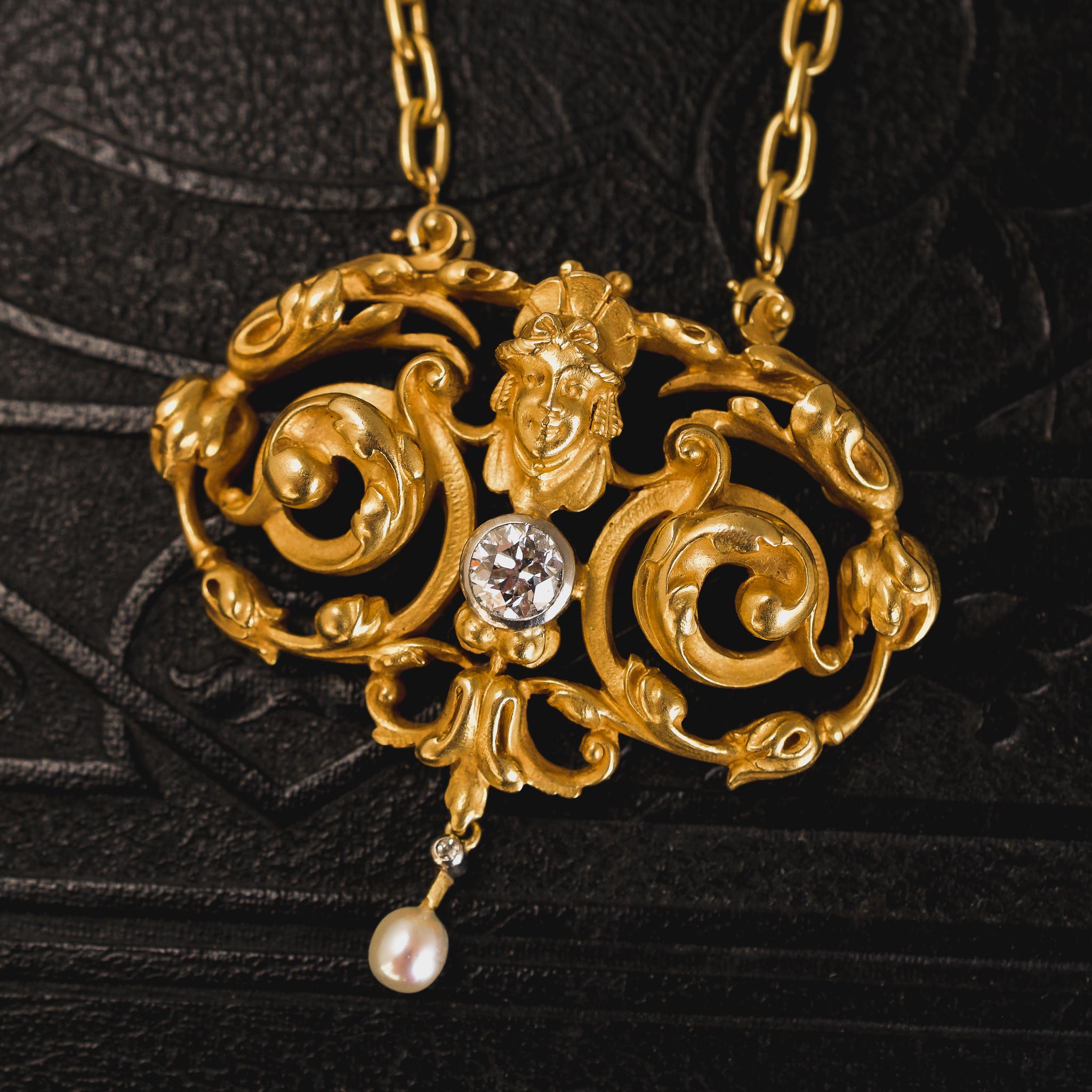 Antique Art Nouveau Diamond Pearl Necklace 3