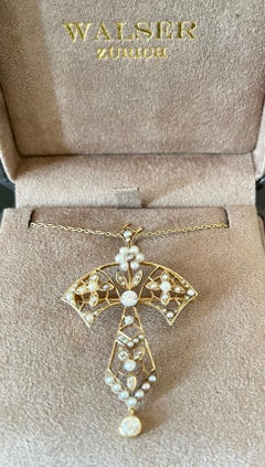 Antique Art Nouveau Diamond Pearl Pendant/Brooch with Chain 15 K Yellow Gold