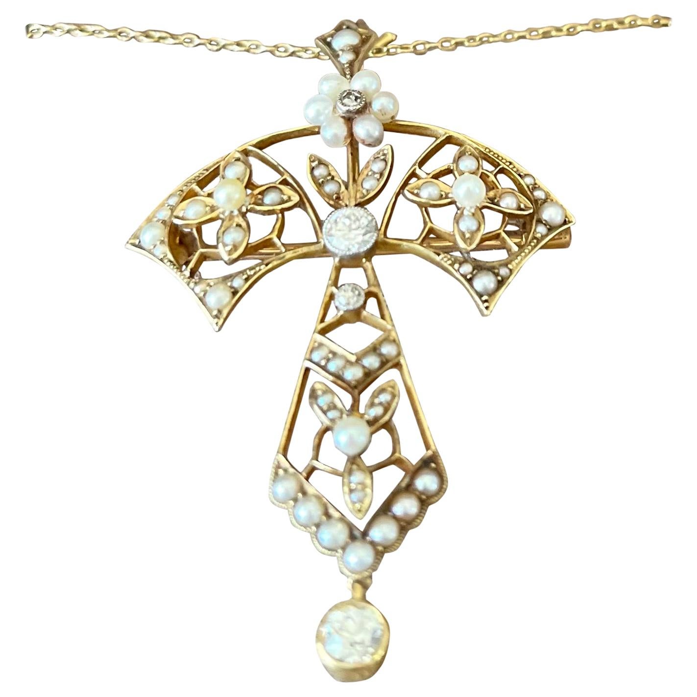 Antique Art Nouveau Diamond Pearl Pendant/Brooch with Chain 15 K Yellow Gold For Sale