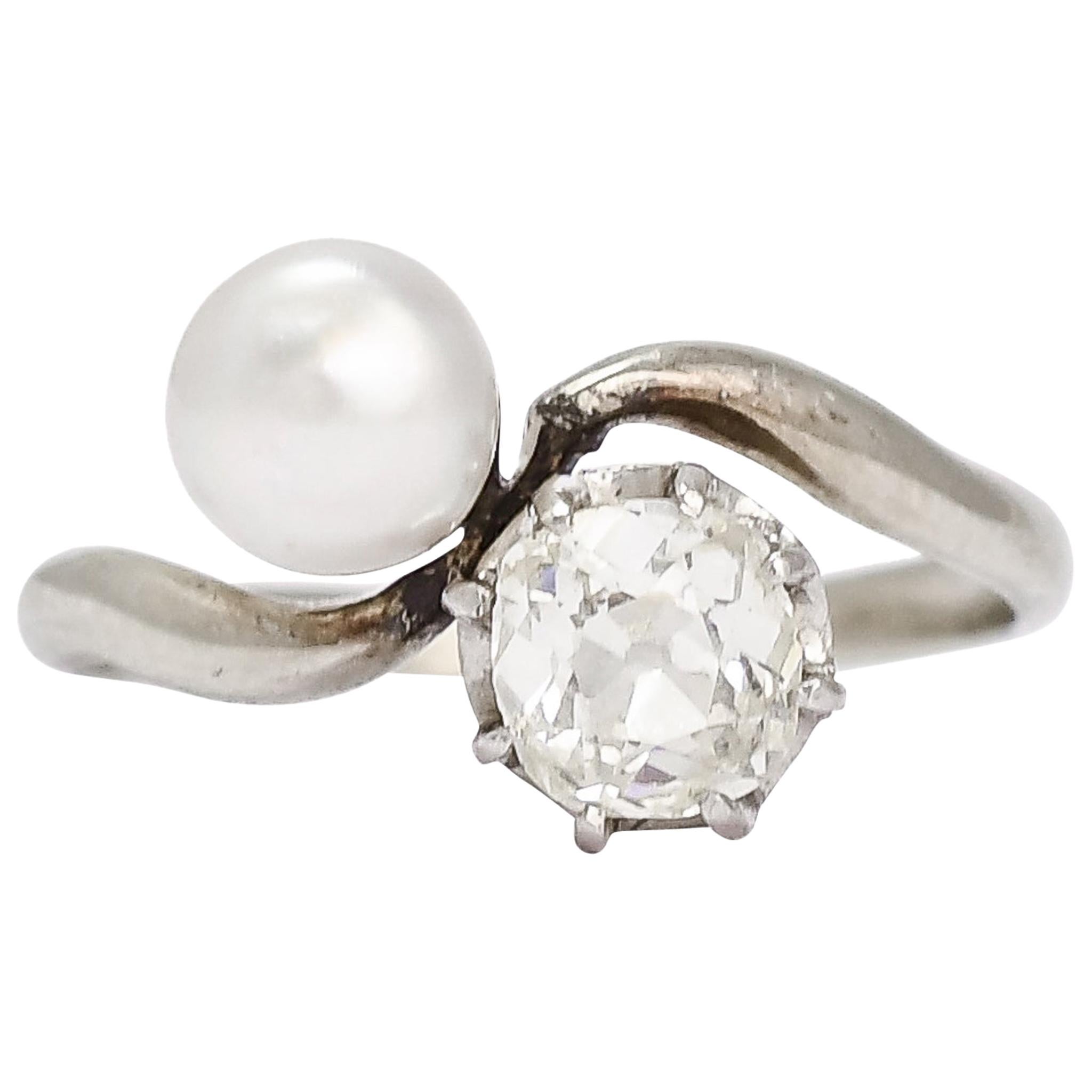 Antique Art Nouveau Diamond Pearl "Toi Et Moi" Ring