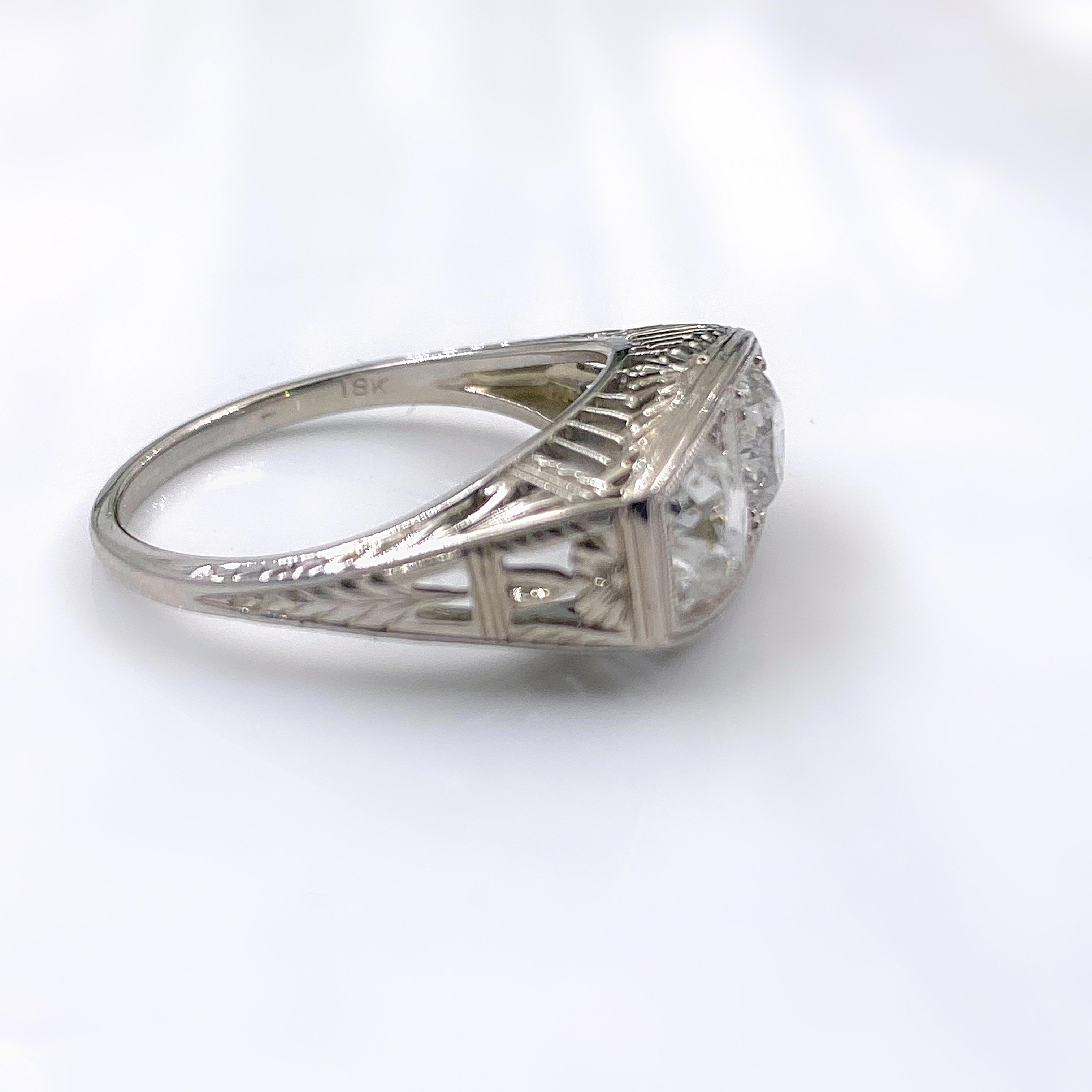 Antique Art Nouveau Diamond Ring 1.25 Carat Old Mine Cut 18 Karat White Gold 4