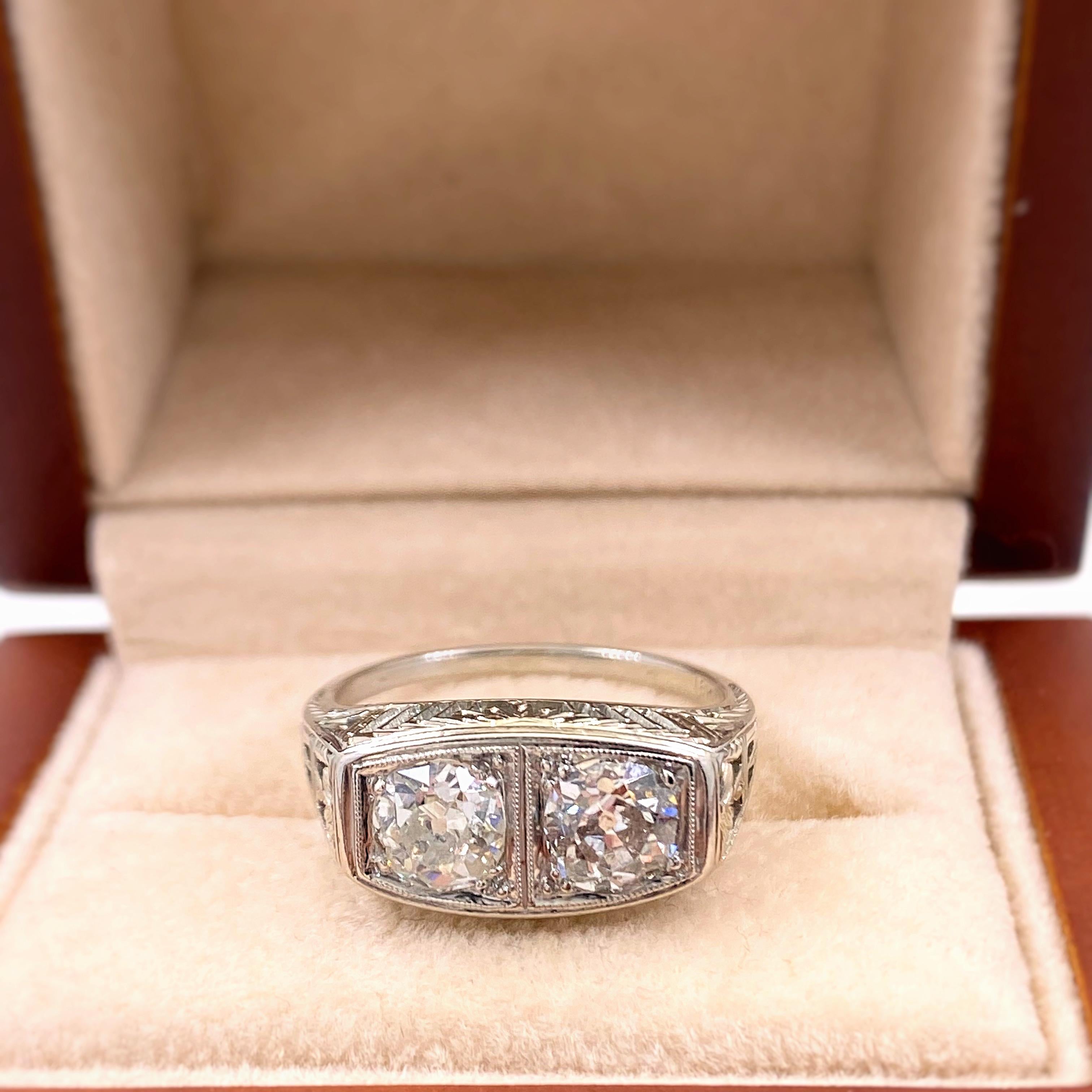 Antique Art Nouveau Diamond Ring 1.25 Carat Old Mine Cut 18 Karat White Gold 7
