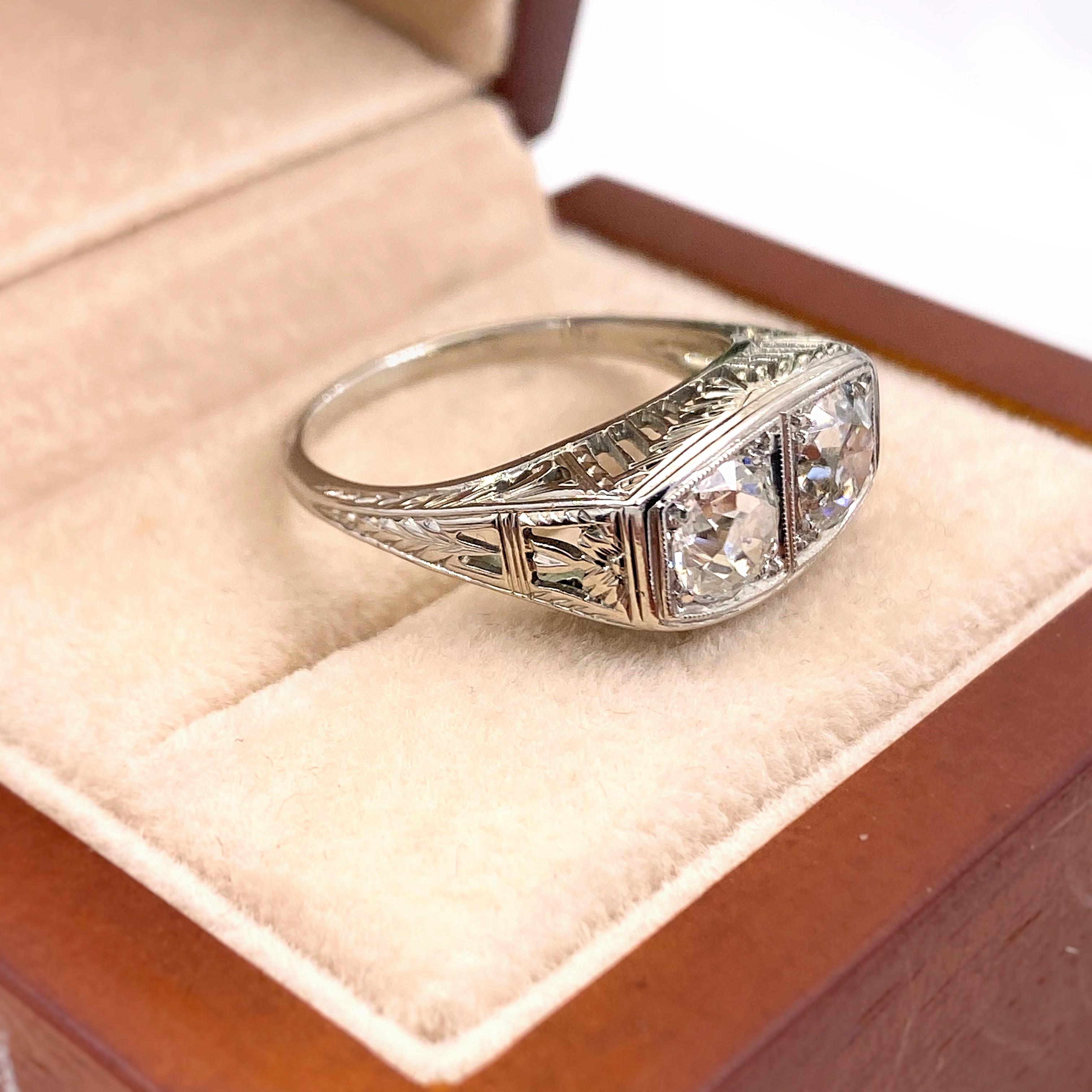 Antique Art Nouveau Diamond Ring 1.25 Carat Old Mine Cut 18 Karat White Gold 8